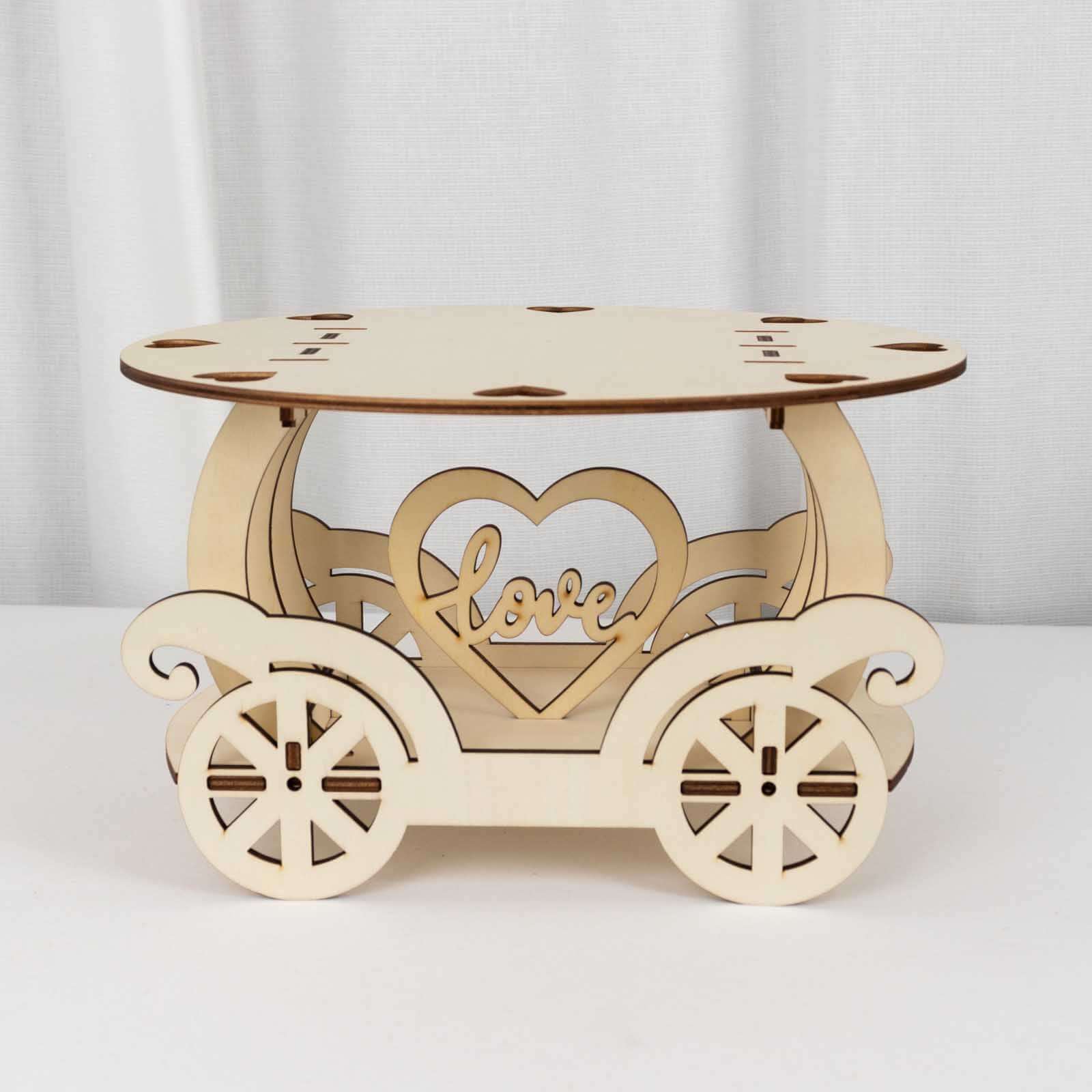 Wooden Wedding Cake Stand Carriage Shape Natural with Laser Cut Design - Round Cupcake Holder Display Plate 12"