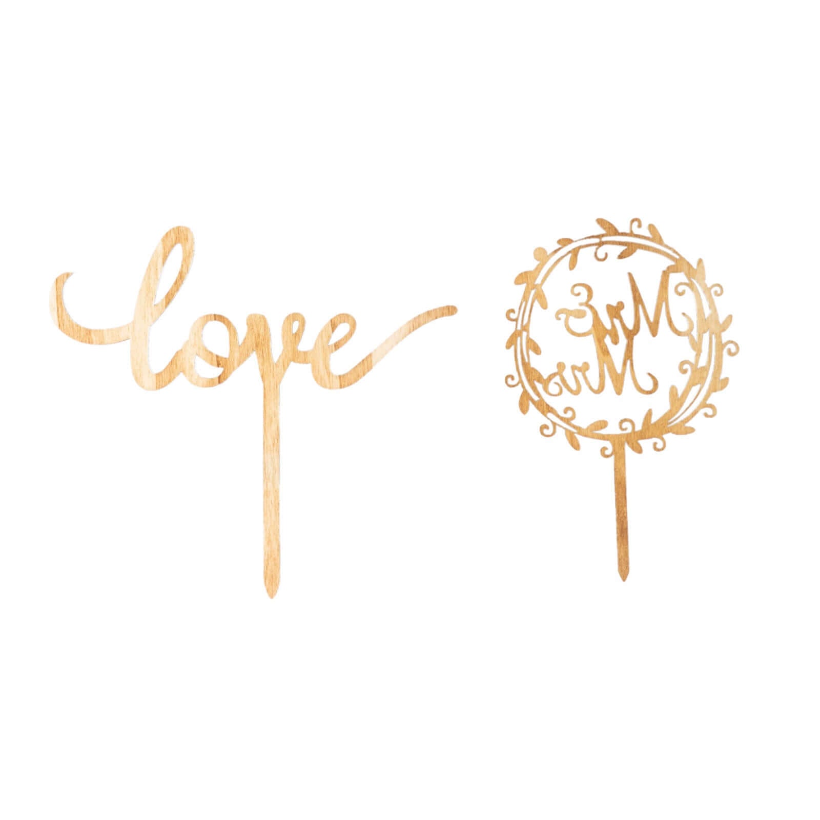 Set of 2 Wooden Cake Toppers Mr & Mrs and Love Design Natural - Rustic Wedding Cupcake Decorations