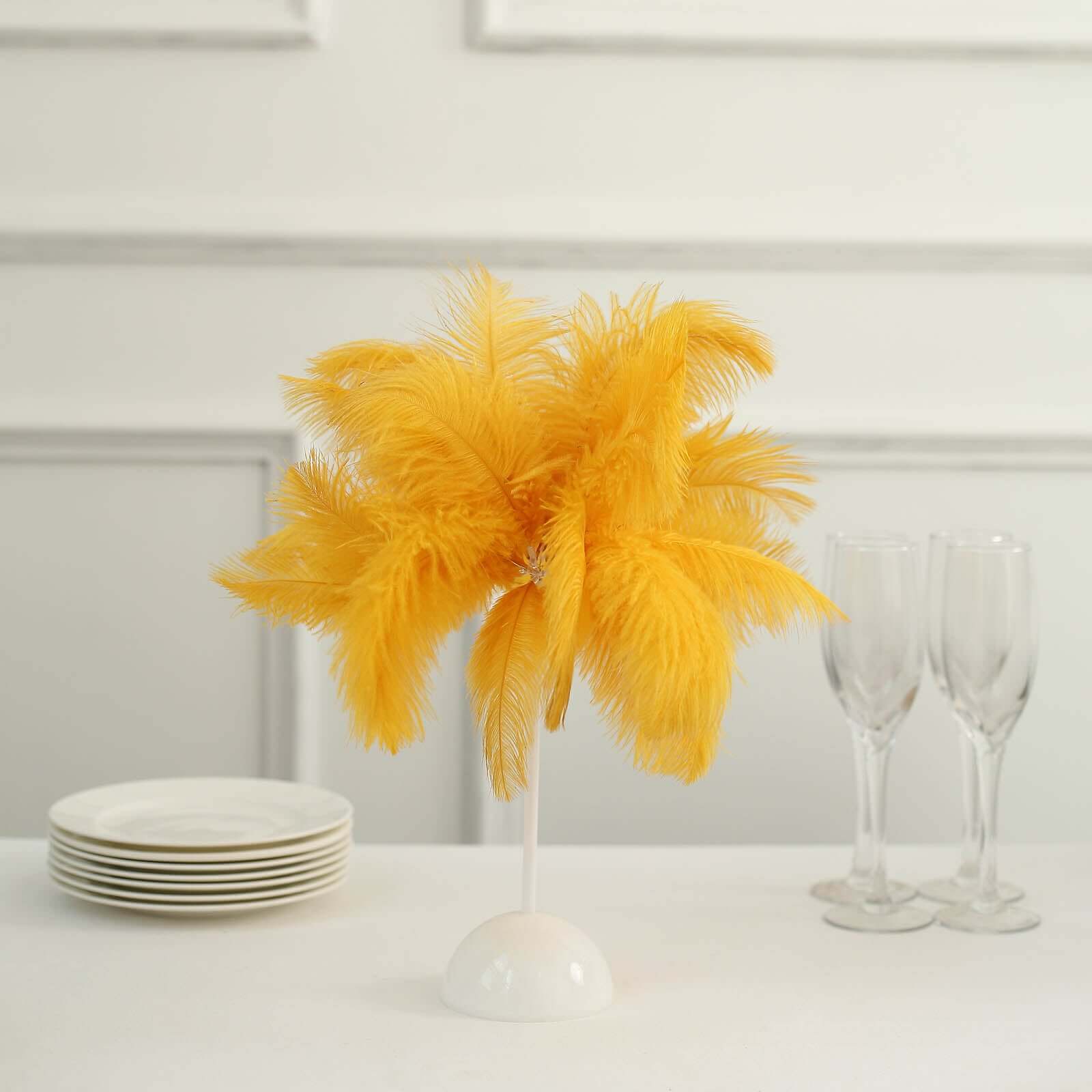 Table Lamp Ostrich Feather Design Gold LED Battery Operated - Cordless Wedding Centerpiece 15"