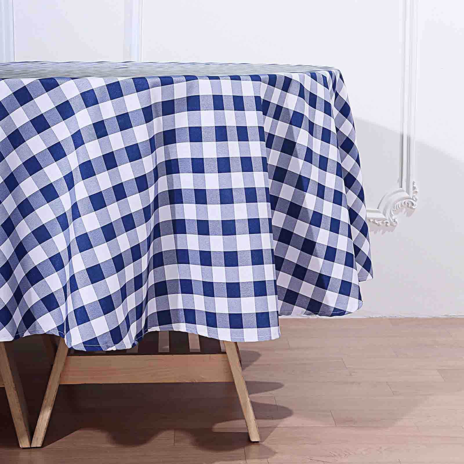 Polyester 90" Round Tablecloth White/Navy Blue - Checkered Buffalo Plaid Table Cover