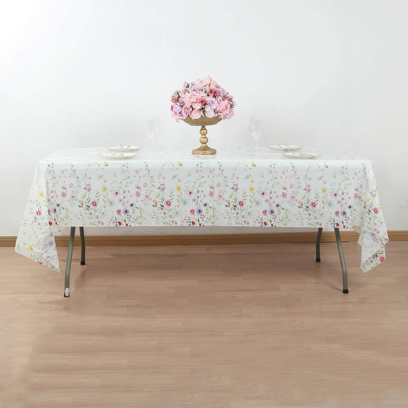 5-Pack Plastic Tablecloths White/Green Spring Floral Rectangle with Wild Flowers Butterfly Print - Durable PVC Disposable Table Covers 54"x108"
