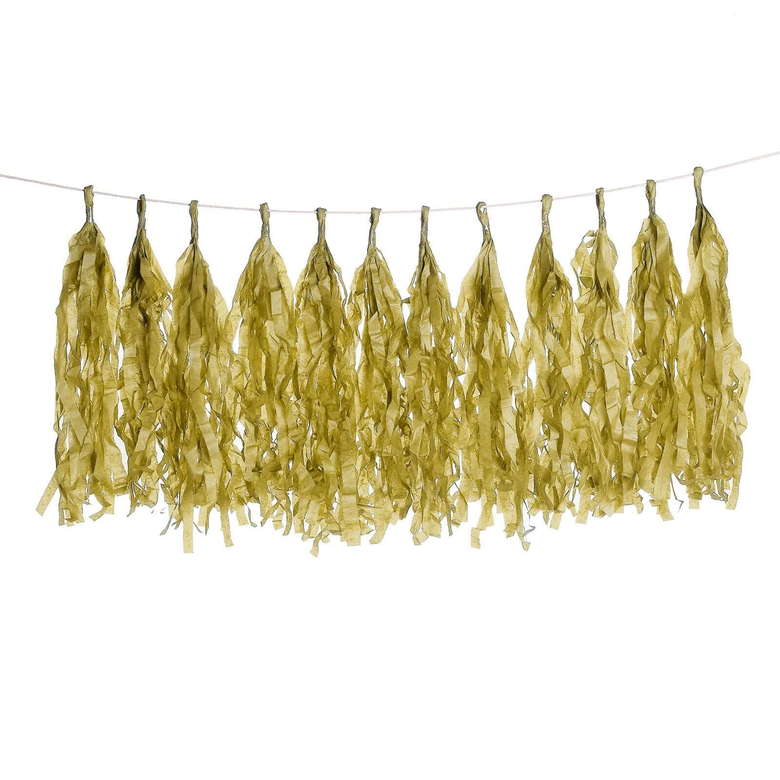 12 Pack Pre-Tied Gold Paper Fringe Tassels With Garland String, Hanging Streamer Banner