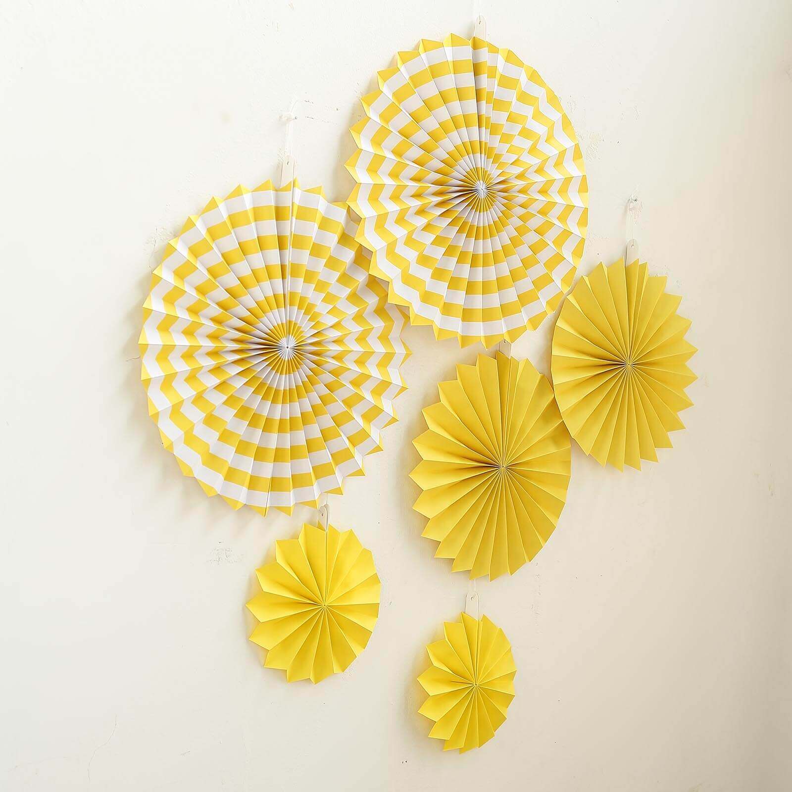 Set of 6 Yellow Hanging Paper Fan Decorations, Pinwheel Wall Backdrop Party Kit - 8", 12", 16"