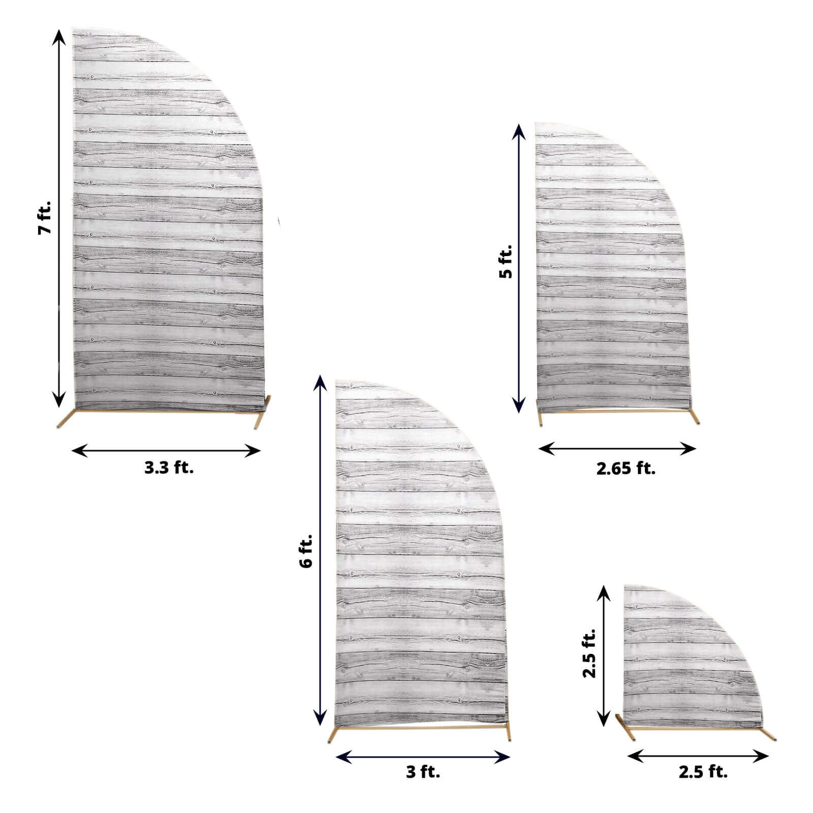 Set of 4 Whitewash Rustic Wood Print Spandex Chiara Wedding Arch Covers, Fitted Covers For Half Moon Backdrop Stands - 2.5ft, 5ft, 6ft, 7ft