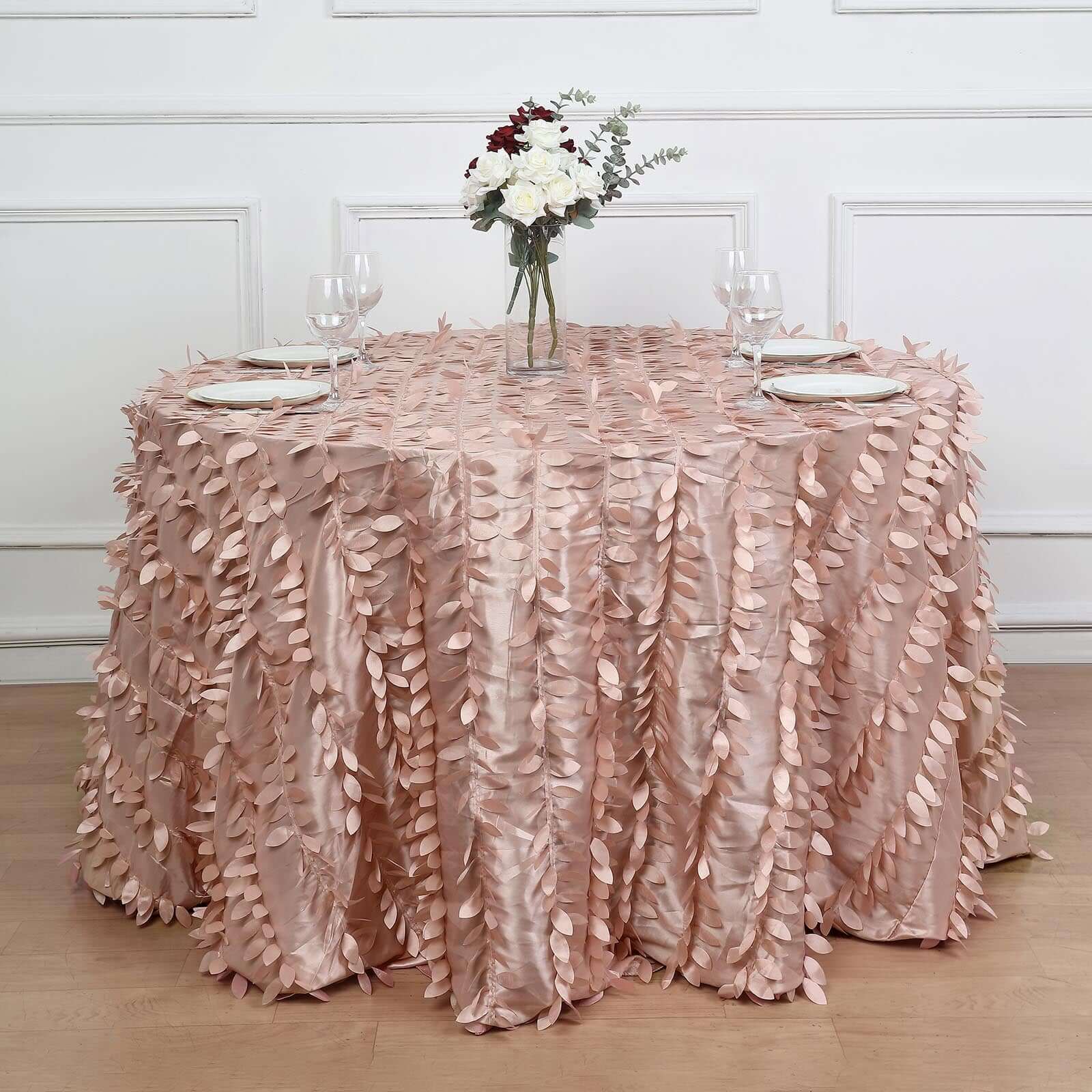 Taffeta 120" Round Tablecloth Dusty Rose | 3D Leaf Petal Design Seamless Table Cover