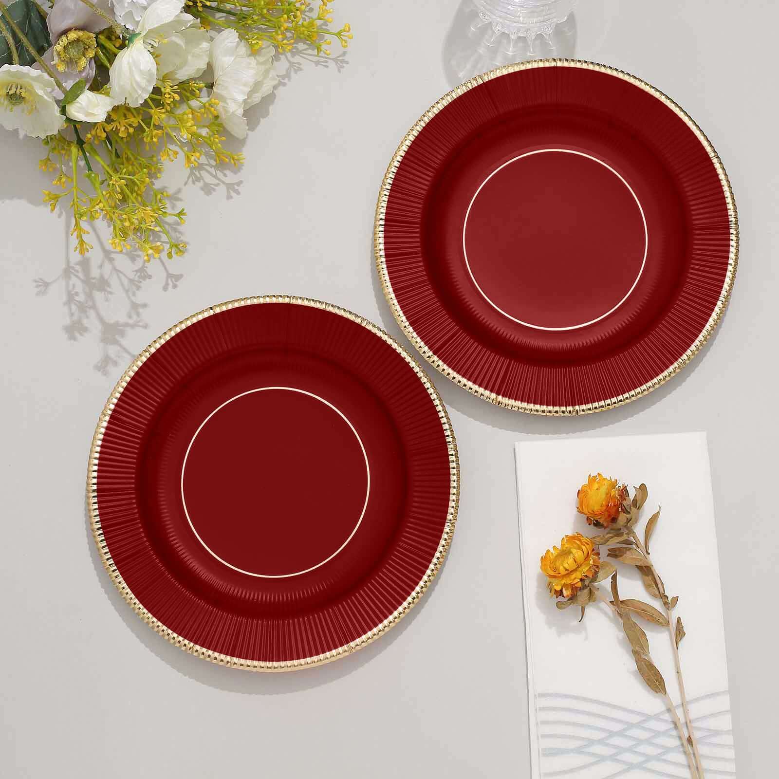 25-Pack Paper 8" Round Dessert Plates in Burgundy Sunray Design with Gold Rim - Disposable Heavy Duty 350GSM Appetizer Salad Plates