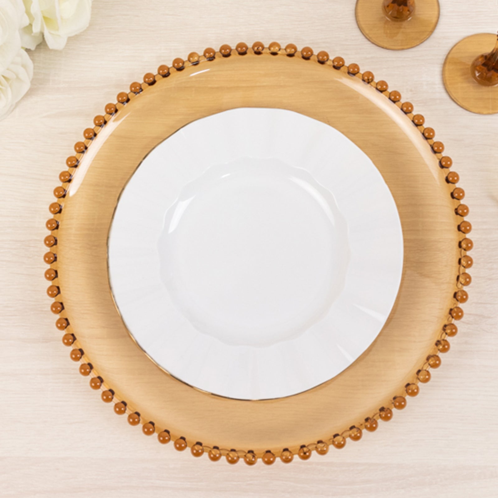 6-Pack Acrylic Round Charger Plates 13" in Amber Gold with Beaded Rim, Decorative Dinner Party Charger Tableware