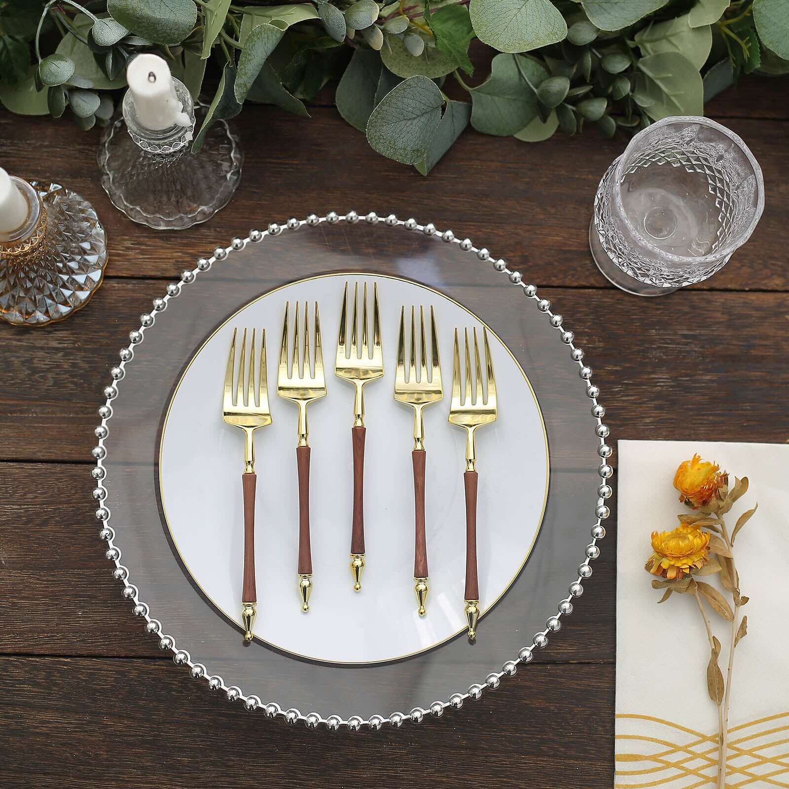 24-Pack Plastic Dessert Forks with Roman Column Handle Gold/Brown - European Style Disposable Utensils 6"