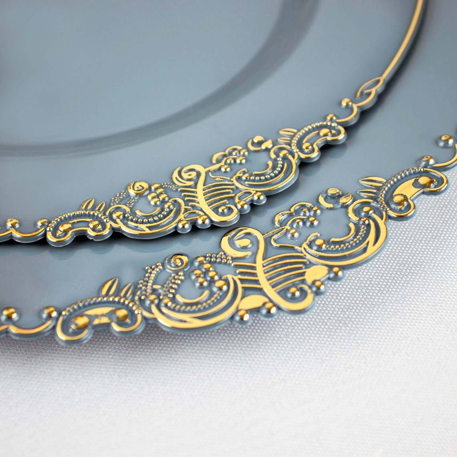 10-Pack Plastic 10" Round Dinner Plates in Dusty Blue with Gold Leaf Embossed Rim - Disposable Vintage Baroque Style Plates