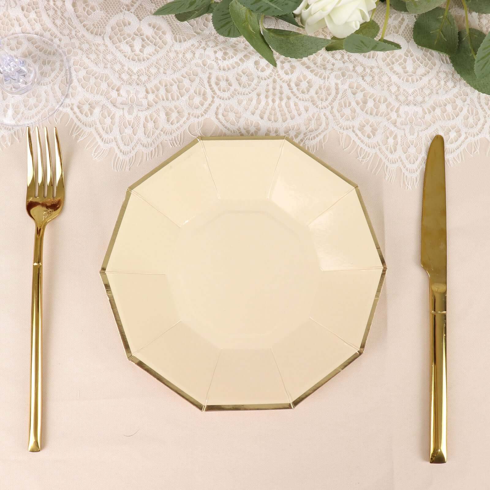 25-Pack Paper 7" Decagon Appetizer Plates in Beige with Gold Foil Rim