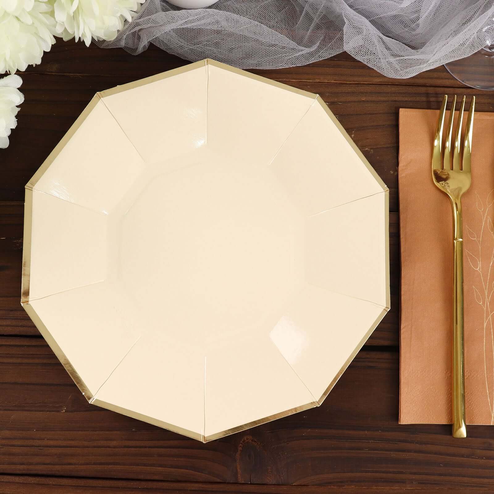 25-Pack Paper 9" Decagon Dinner Plates in Beige with Gold Foil Rim - Disposable Geometric Party Plates for Modern Weddings & Events