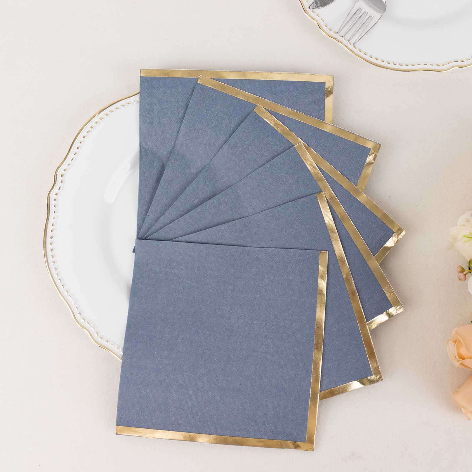 50-Pack Paper Beverage Napkins with Gold Foil Edge Dusty Blue - Disposable 2 Ply Cocktail Napkins for Events 6.5"x6.5"