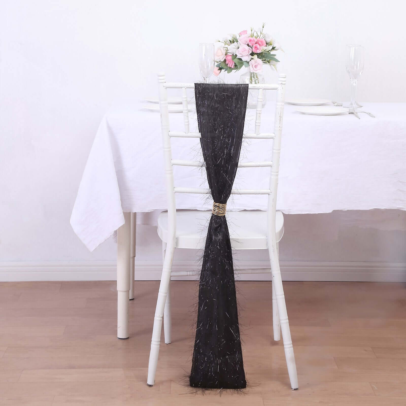 5 Pack Polyester Chair Sashes Black Metallic Tinsel Fringe - Easy to Use Chair Bows 6"x108"