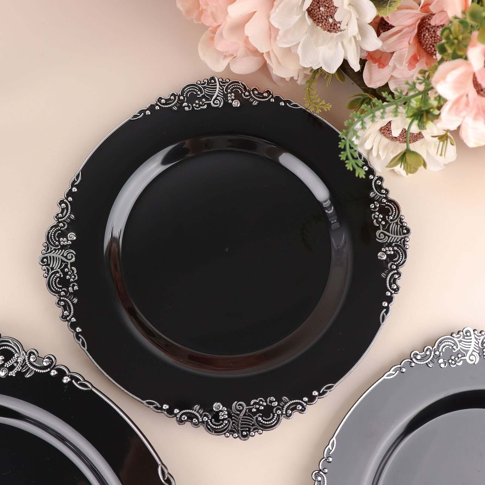 10-Pack Plastic 8" Round Dessert Plates in Black with Silver Leaf Embossed Rim - Disposable Vintage Baroque Style Salad Plates