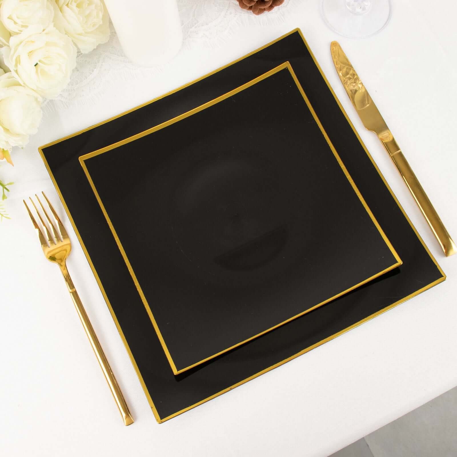 10-Pack Plastic 8" Square Dessert Plates in Black Concave Style with Gold Rim - Modern Disposable Salad Appetizer Party Plates