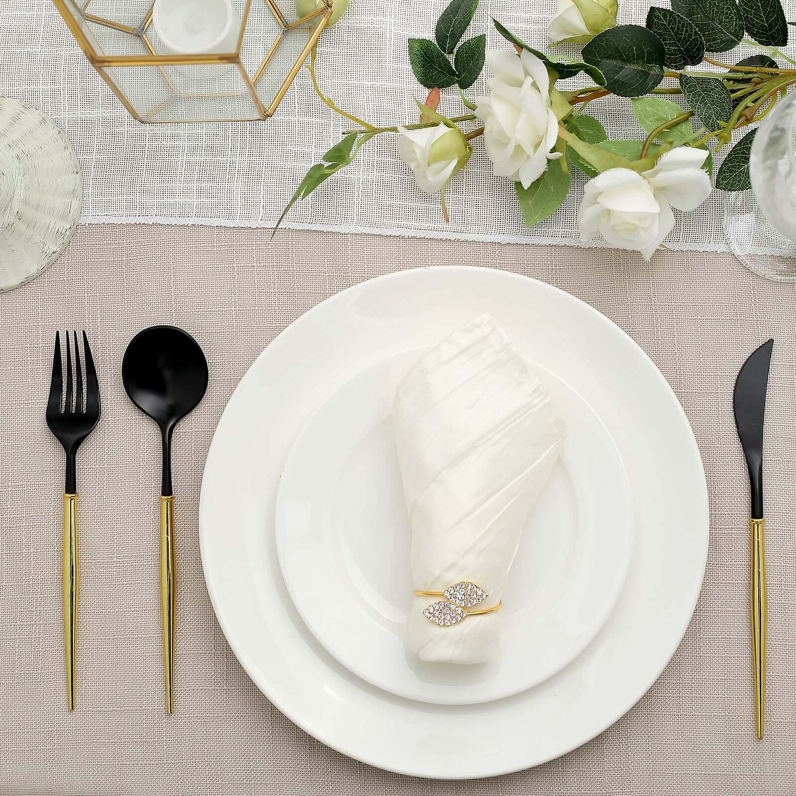 24-Pack Plastic Flatware Set in Black with Gold Handle - Heavy Duty Disposable Modern Silverware 8"