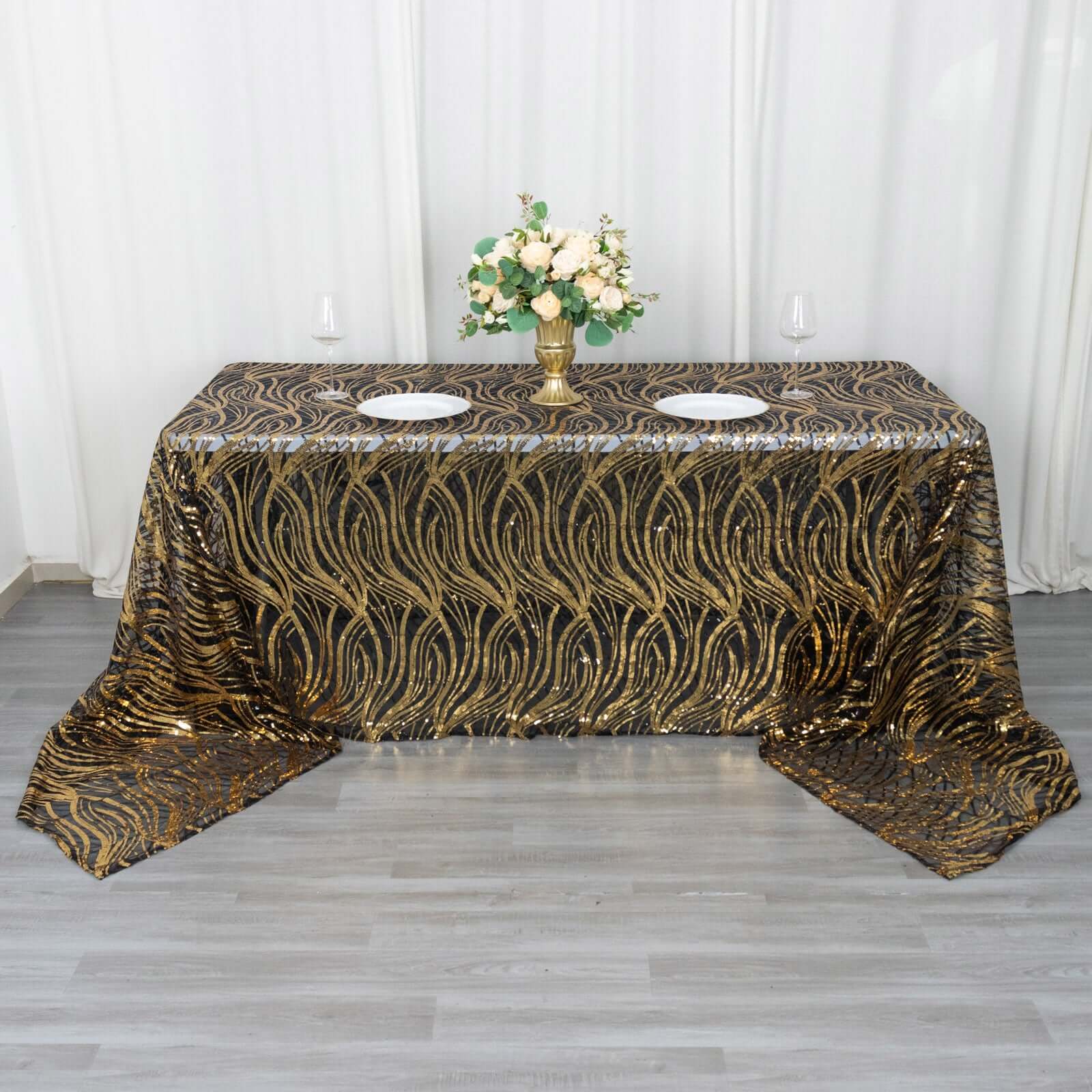 Mesh 90"x156" Rectangle Tablecloth Black/Gold - Wave Sequin Embroidered Table Cover