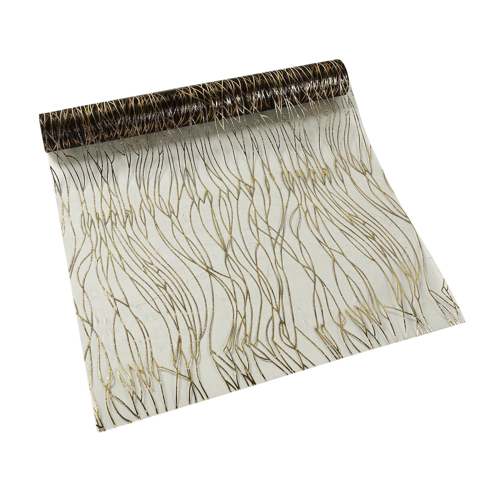 5 Pack Organza 12"x108" Table Runners Black - Gold Wave Design