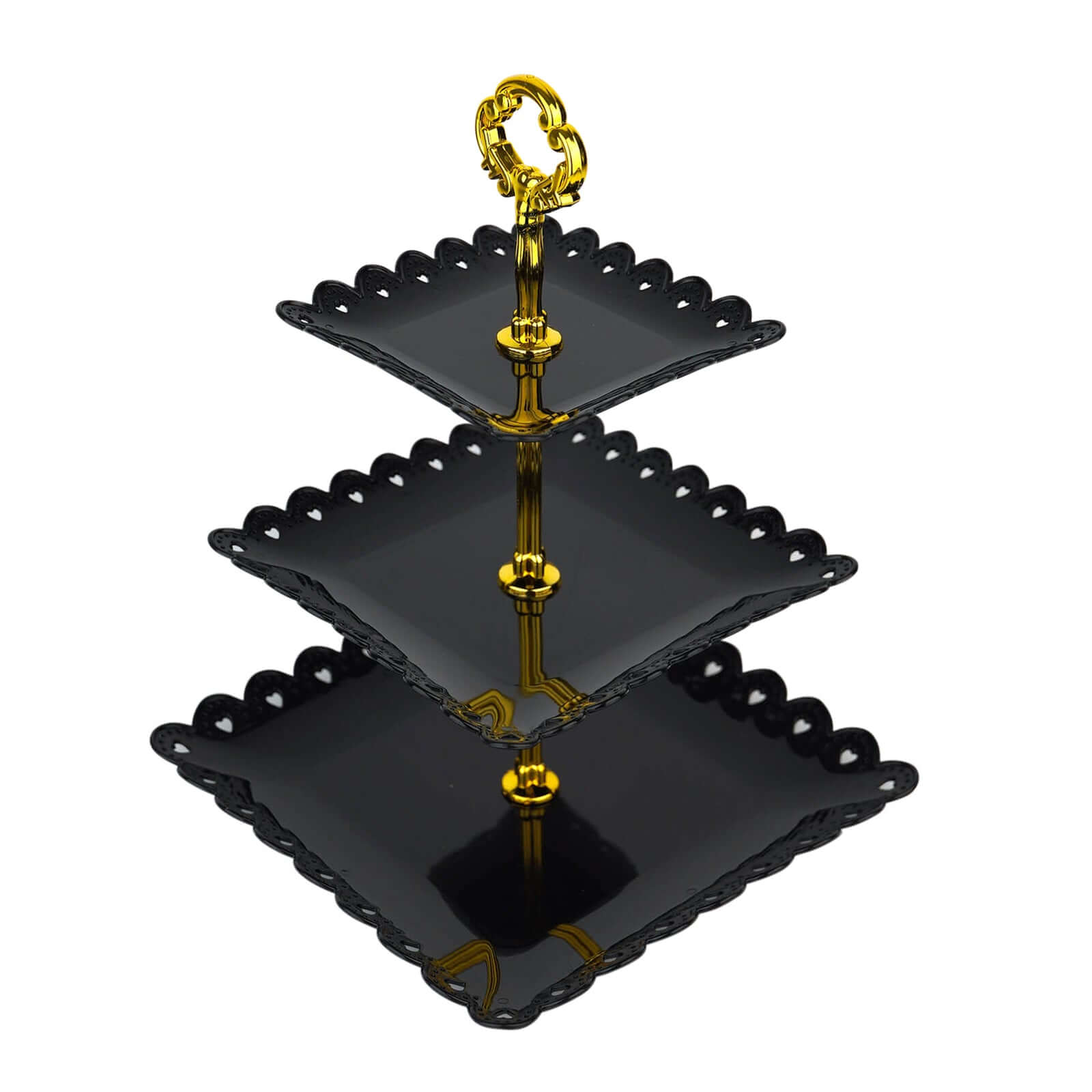 3-Tier Plastic Square Cupcake Stand Tower Black - Charming Disposable Dessert Display Serving Tray Platter with Heart Wavy Edge & Gold Top Handle for Tea Parties Weddings & Special Occasions 13"