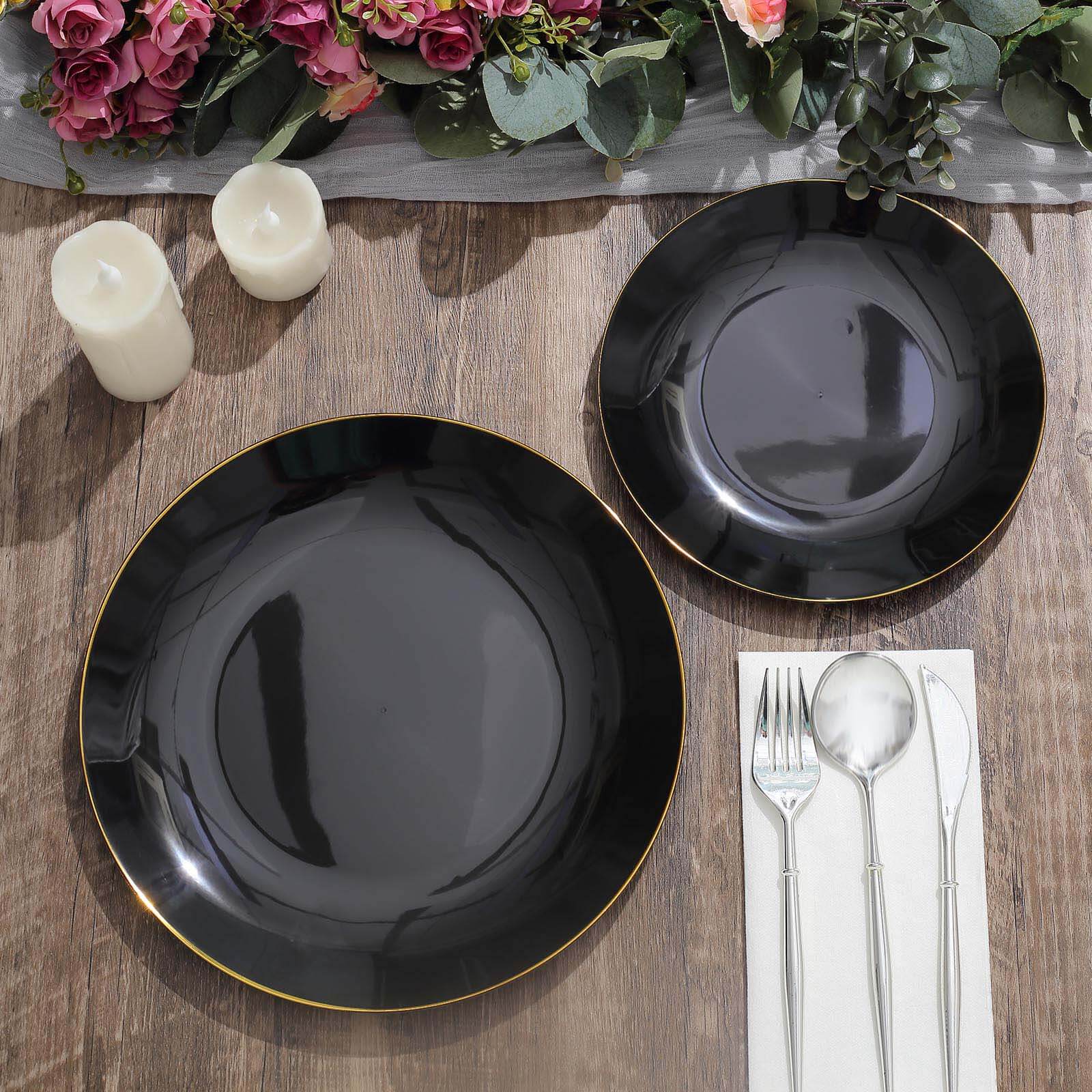10-Pack Plastic 8" Round Dessert Plates in Black with Gold Rim - Glossy Disposable Appetizer Salad Plates