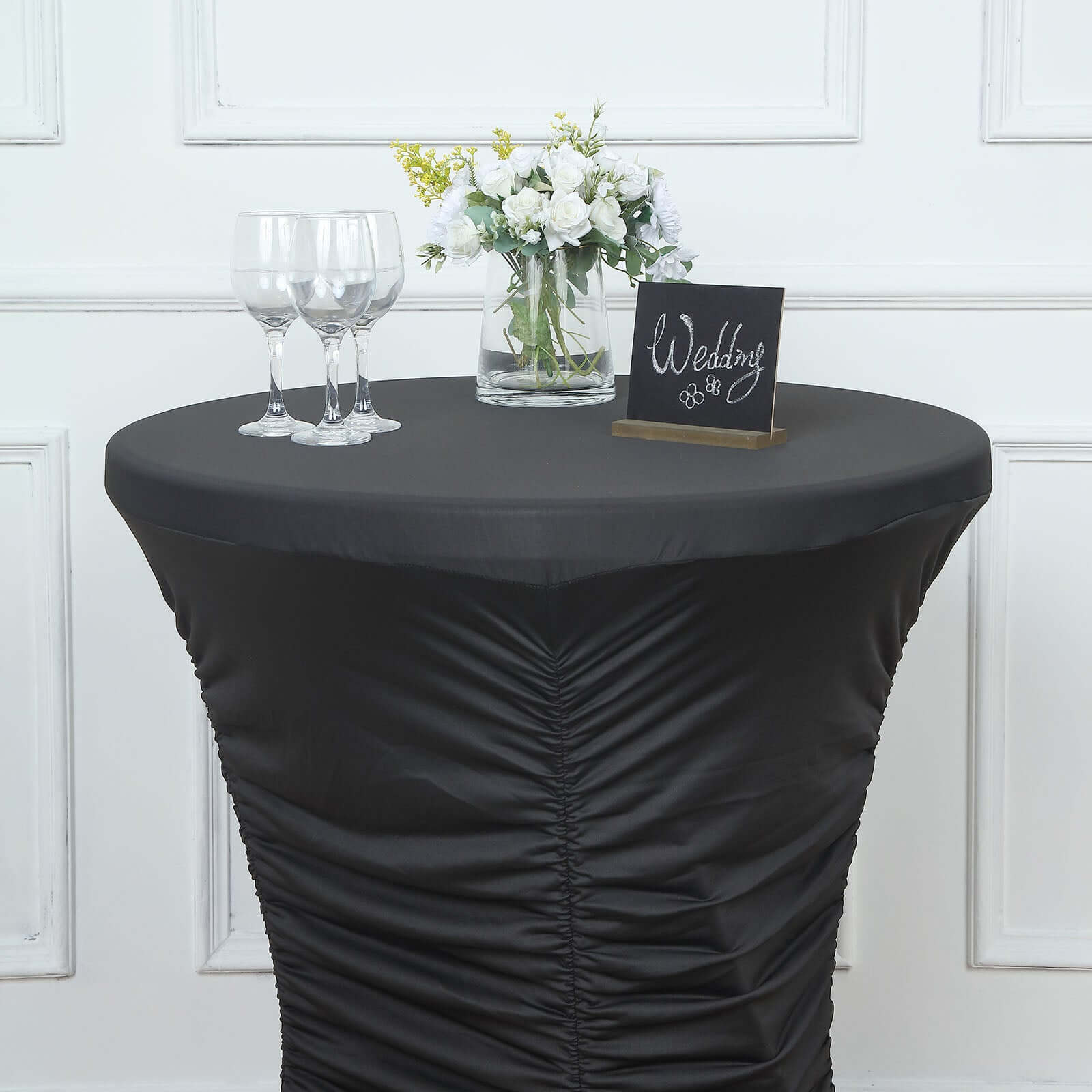 Heavy Duty Spandex 30" Fitted Round Cocktail Table Cover Black Ruched Pleated - Durable Stretch Design