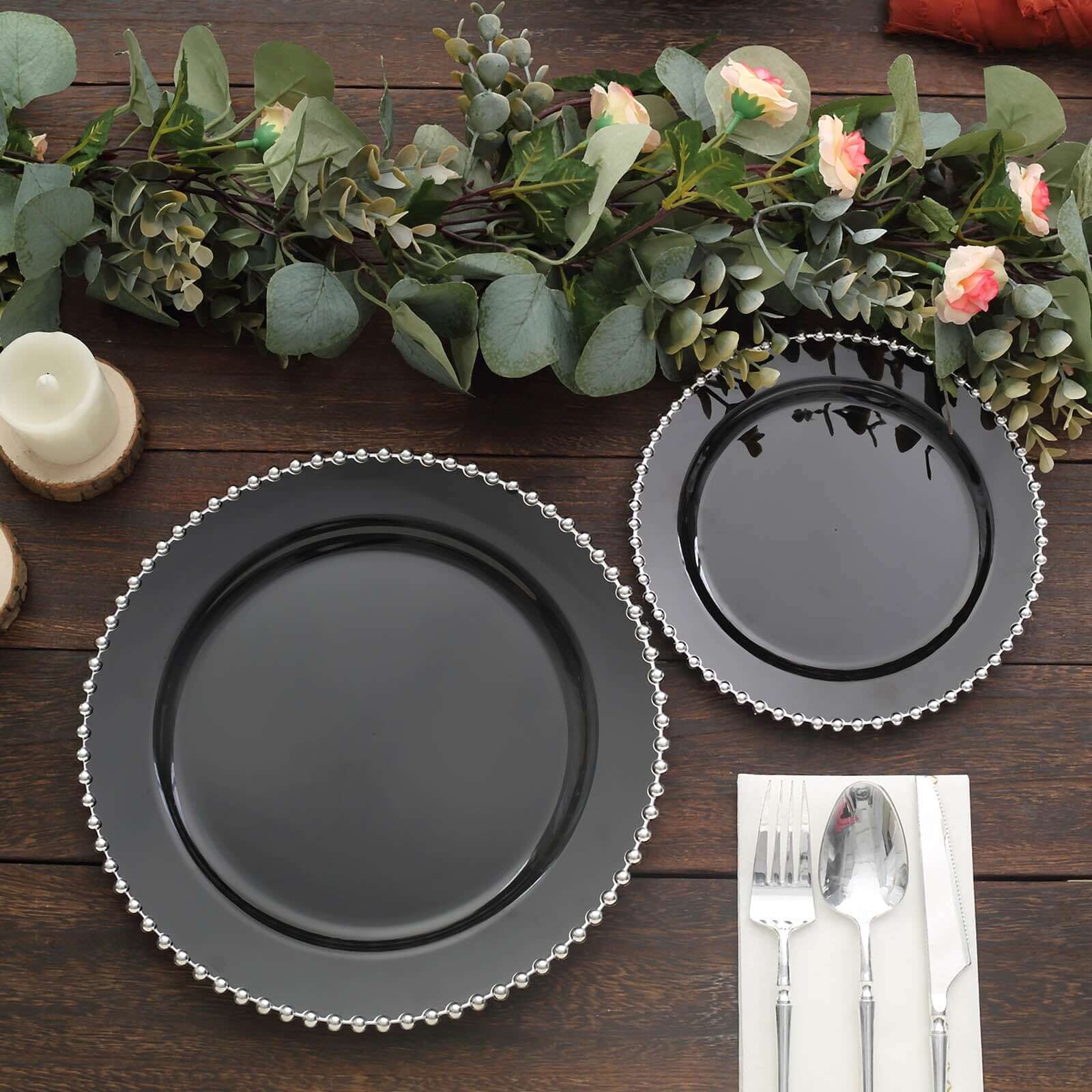 10-Pack Black Plastic Dessert Plates – 8" Round with Silver Beaded Rim, Disposable for Parties & Events