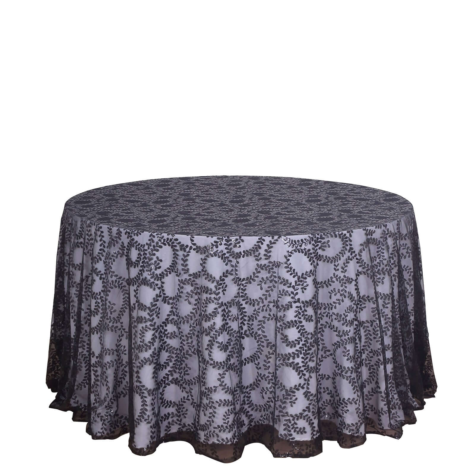 Tulle 120" Round Tablecloth Black - Seamless Sequin Leaf Embroidered Table Cover