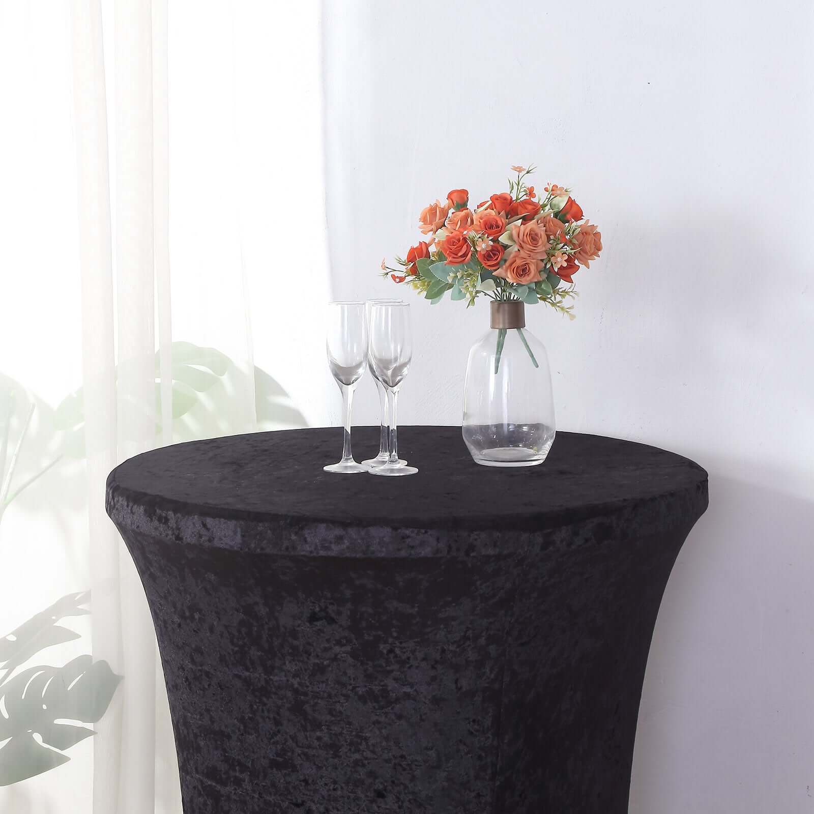 Crushed Velvet Spandex 30" Round Cocktail Table Cover Black Smooth Highboy Tablecloth