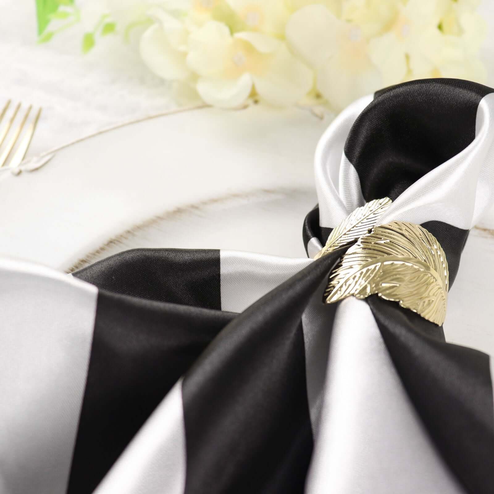 5 Pack Satin 20"x20" Napkins Black/White - Striped Reusable Dinner Napkins for Formal & Casual Dining