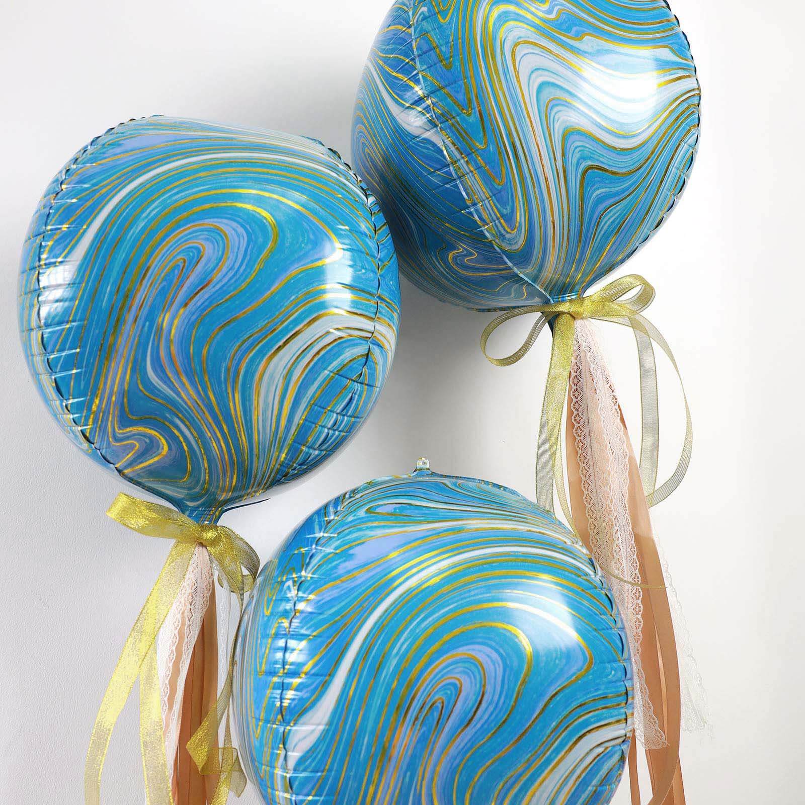 3 Pack 13" 4D Blue Gold Marble Sphere Foil Helium or Air Balloons