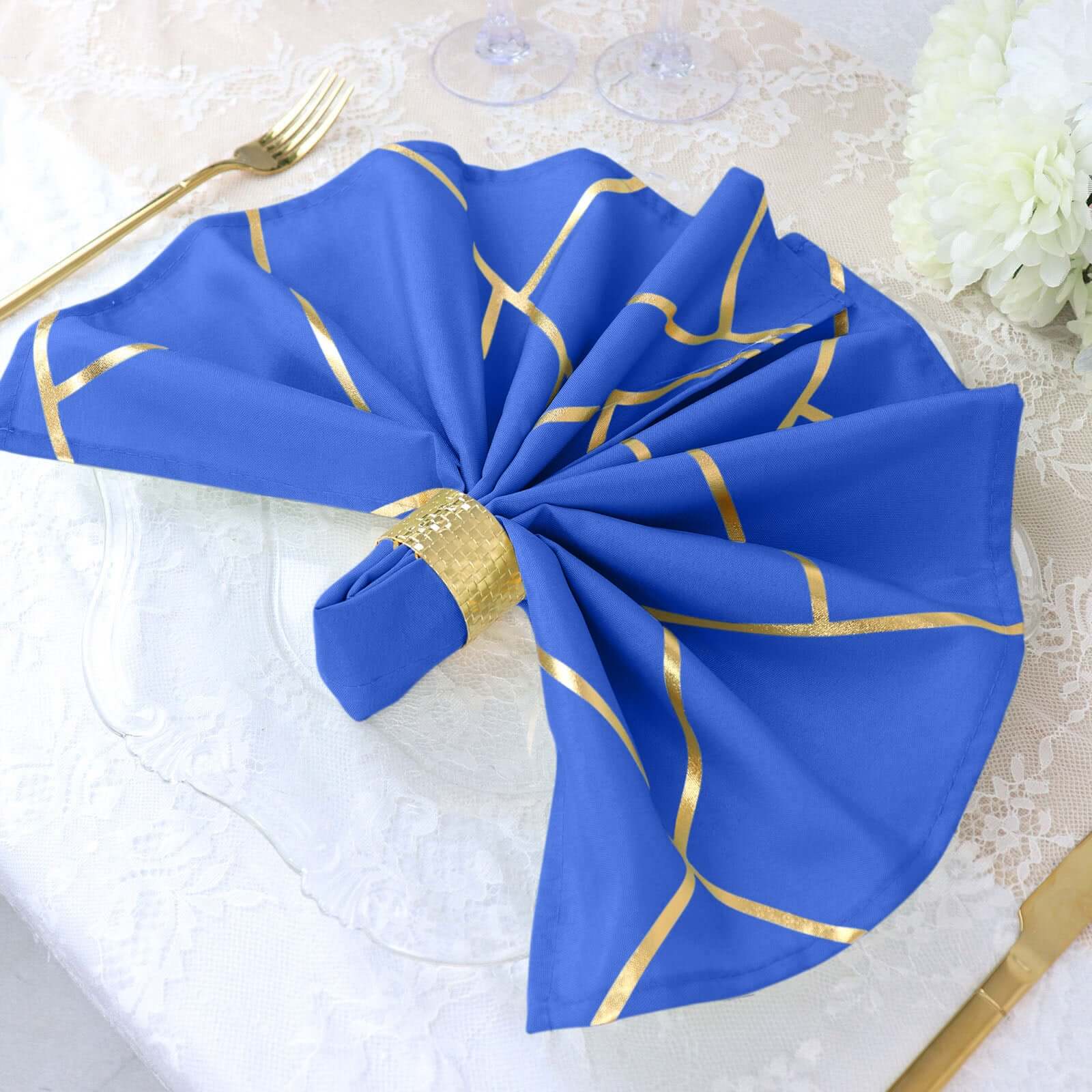 5 Pack Polyester 20"x20" Napkins Royal Blue with Gold Geometric Foil Pattern - Modern Reusable Dinner Napkins