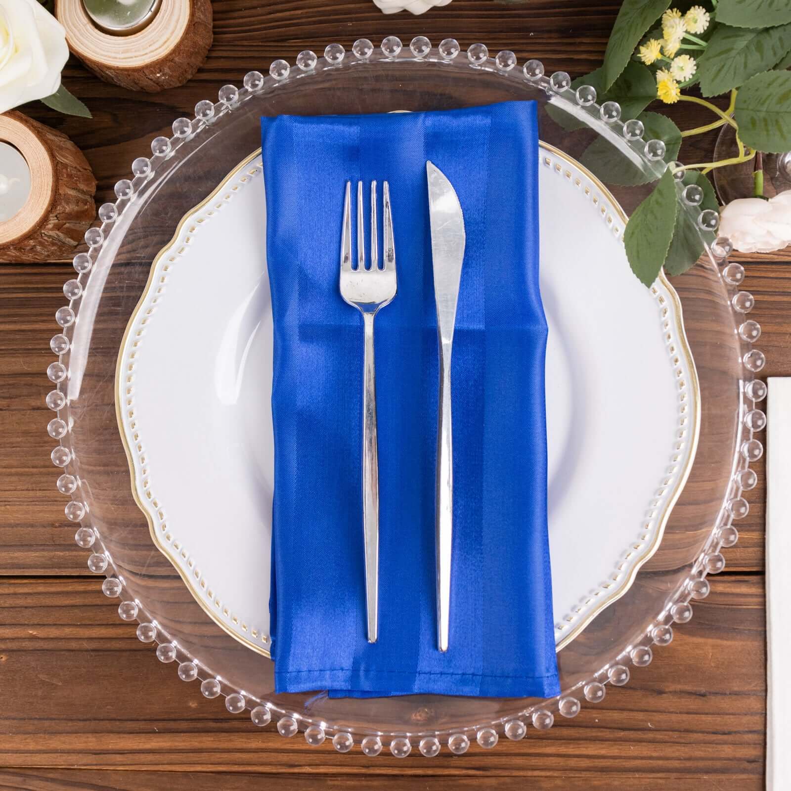 5 Pack Satin 20"x20" Napkins Royal Blue Glossy Stripes - Durable & Wrinkle-Free Cloth Napkins