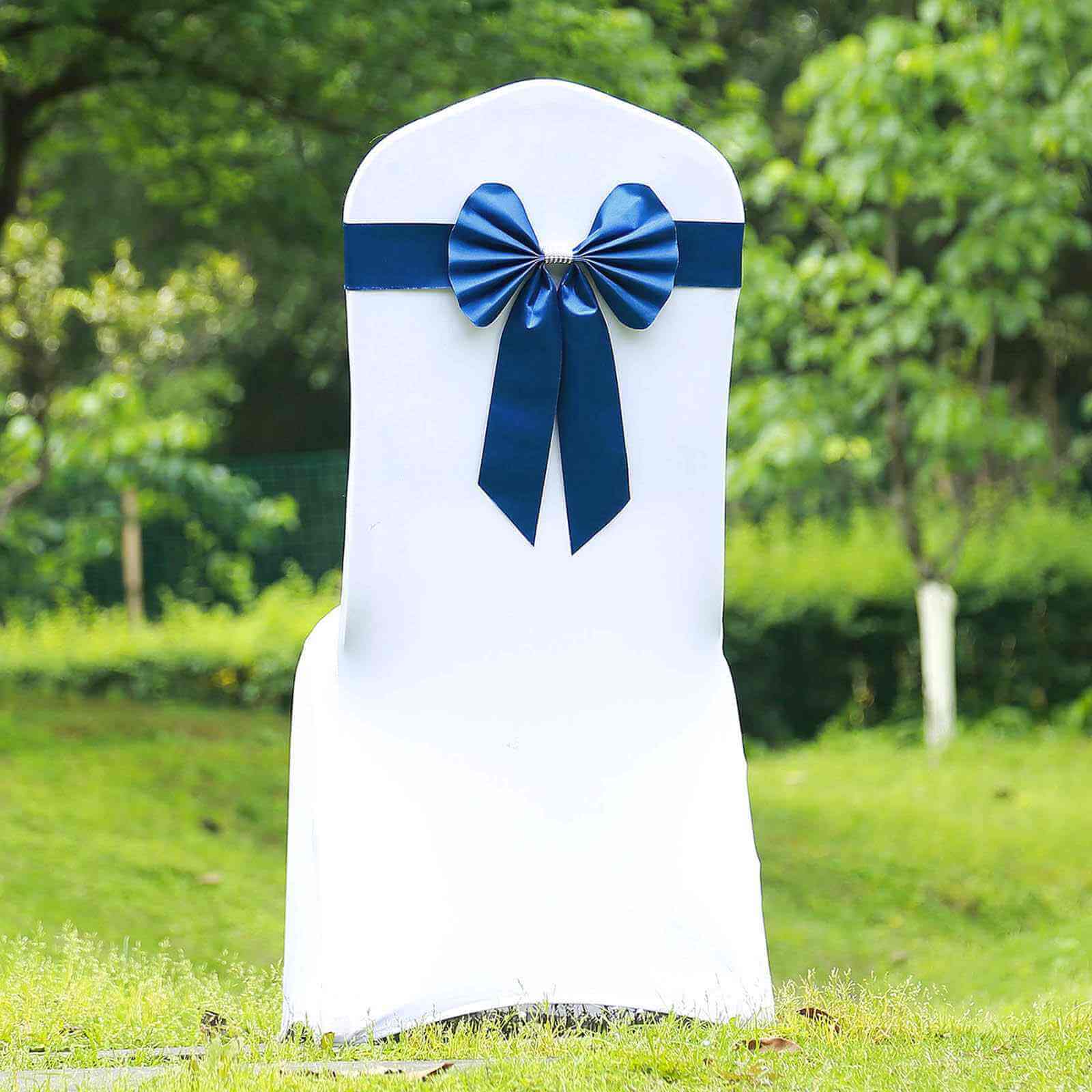 5 Pack Satin Faux Leather Chair Sashes Royal Blue - Durable Double Sided Pre-tied Bow Tie Chair Bands with Diamond Rhinestone Buckles