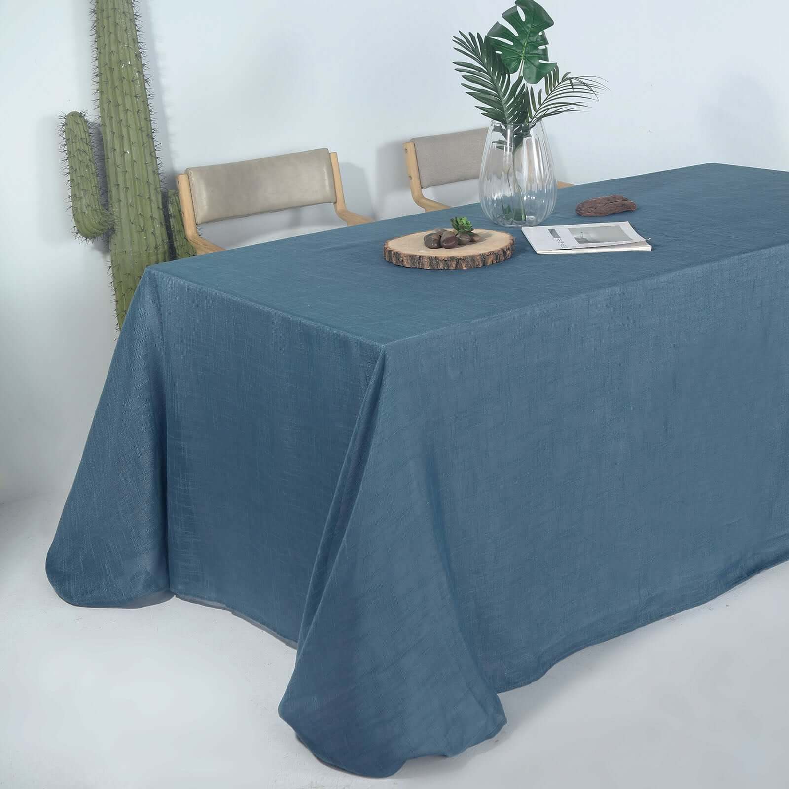 Faux Linen 90"x132" Rectangular Tablecloth Blue - Slubby Texture Wrinkle-Resistant Seamless Table Cover