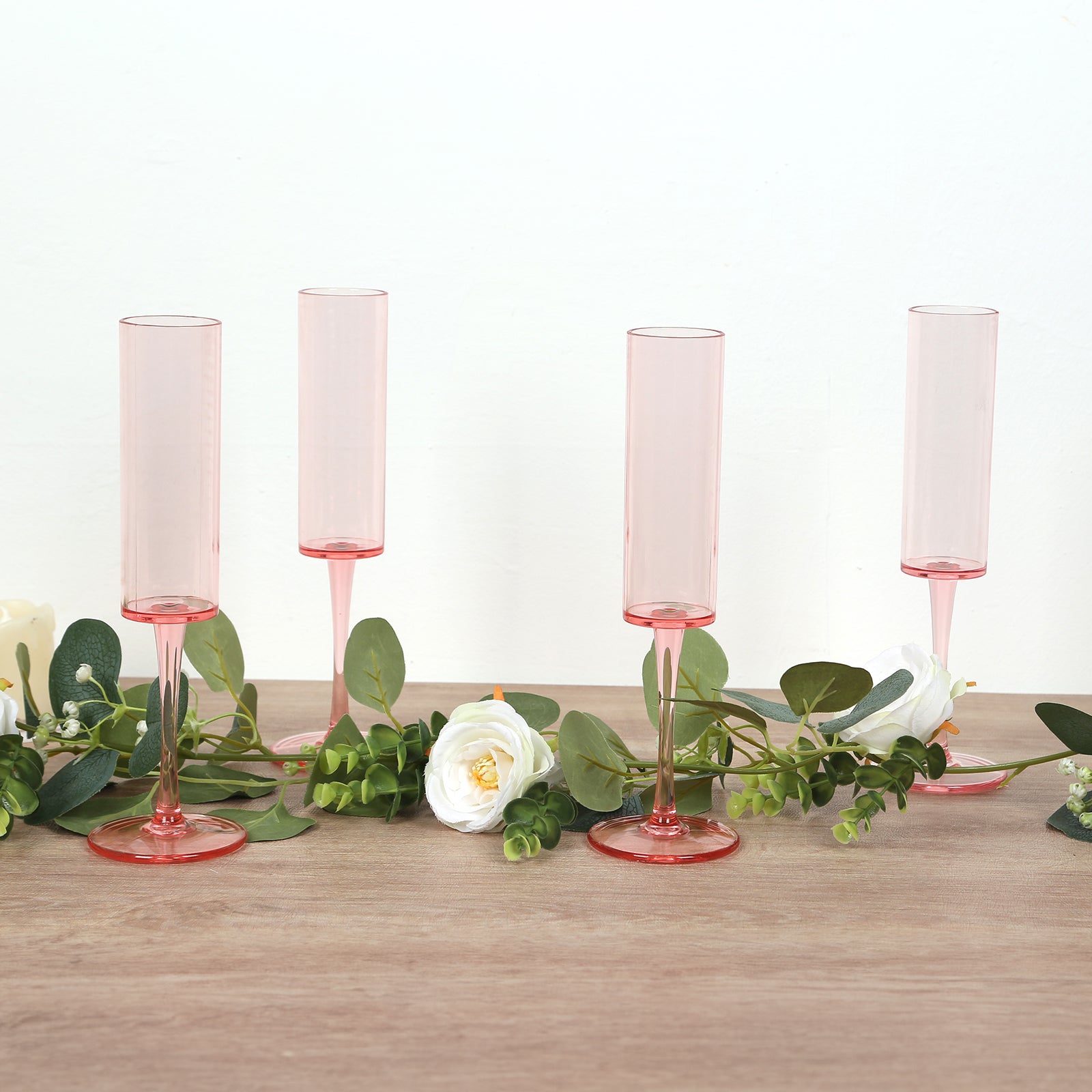 6-Pack Plastic Wine Mimosa Goblets Transparent Blush Cylindrical Shape - Reusable Champagne Flute Glasses 9.5" Tall 6oz