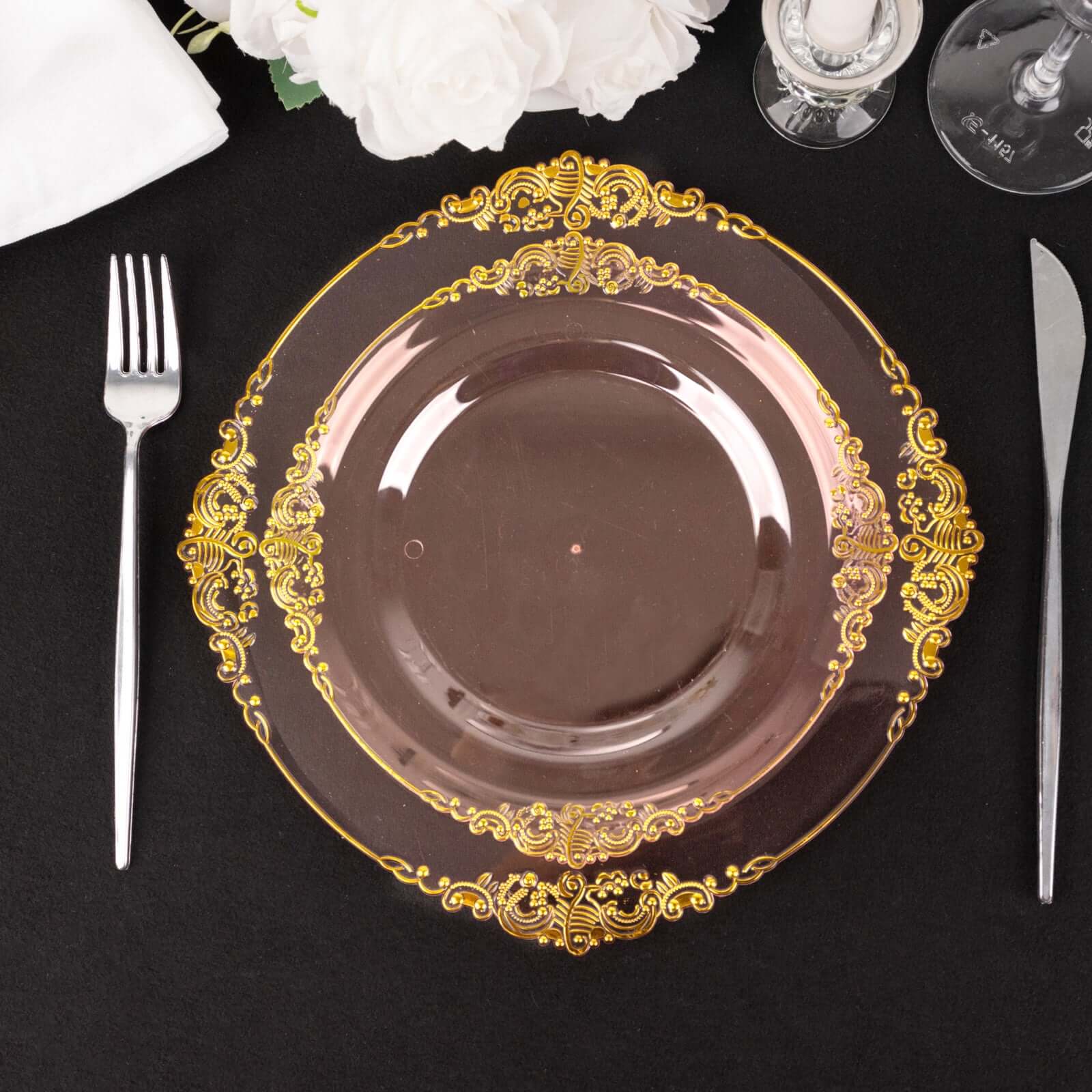10-Pack Plastic 8" Round Dessert Plates in Transparent Blush with Gold Leaf Embossed Rim - Disposable Vintage Baroque Style Salad Plates