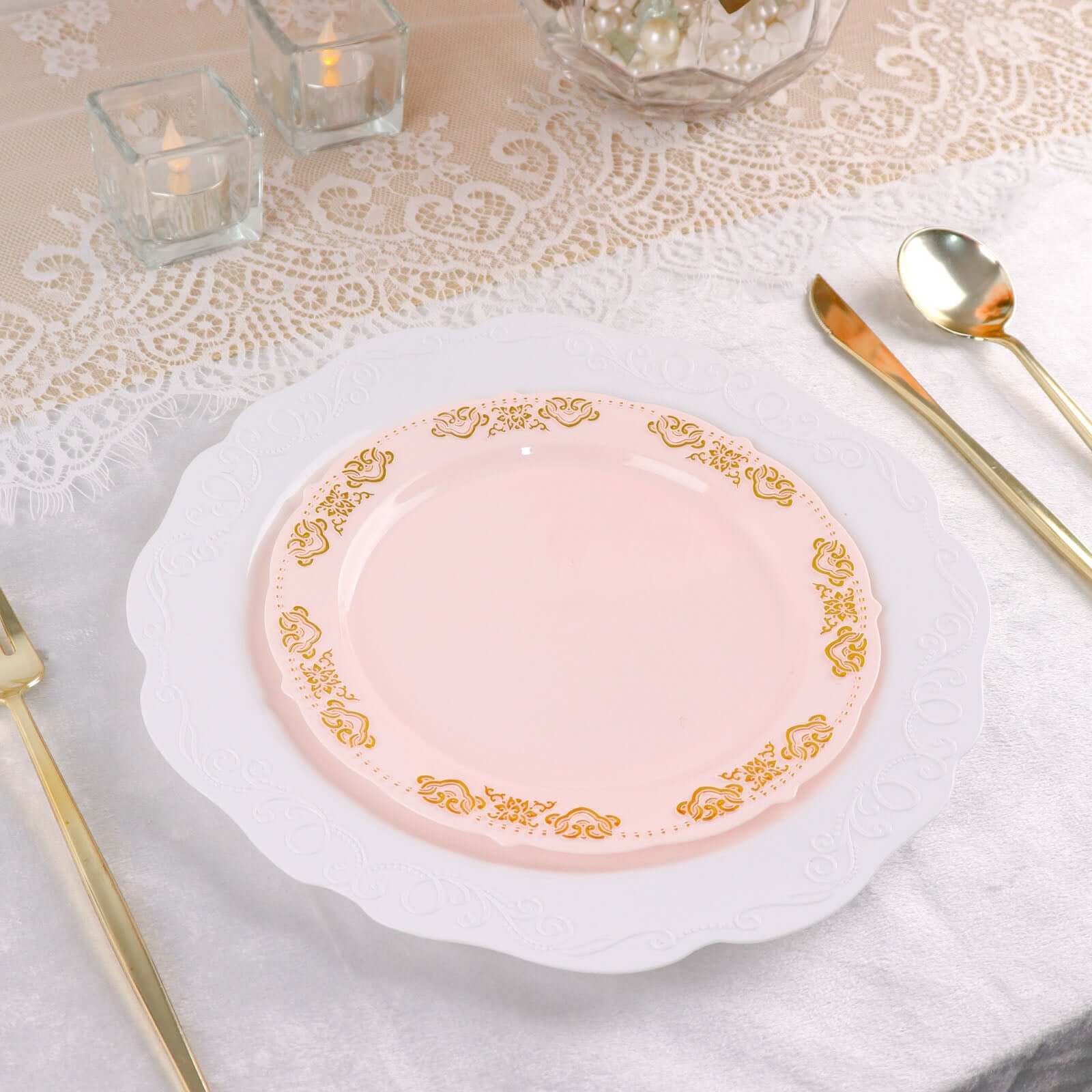 10-Pack Plastic 7.5" Round Appetizer Plates in Blush with Gold Embossed Scalloped Edge - Chic Disposable Salad Plates for Special Occasions & Banquets