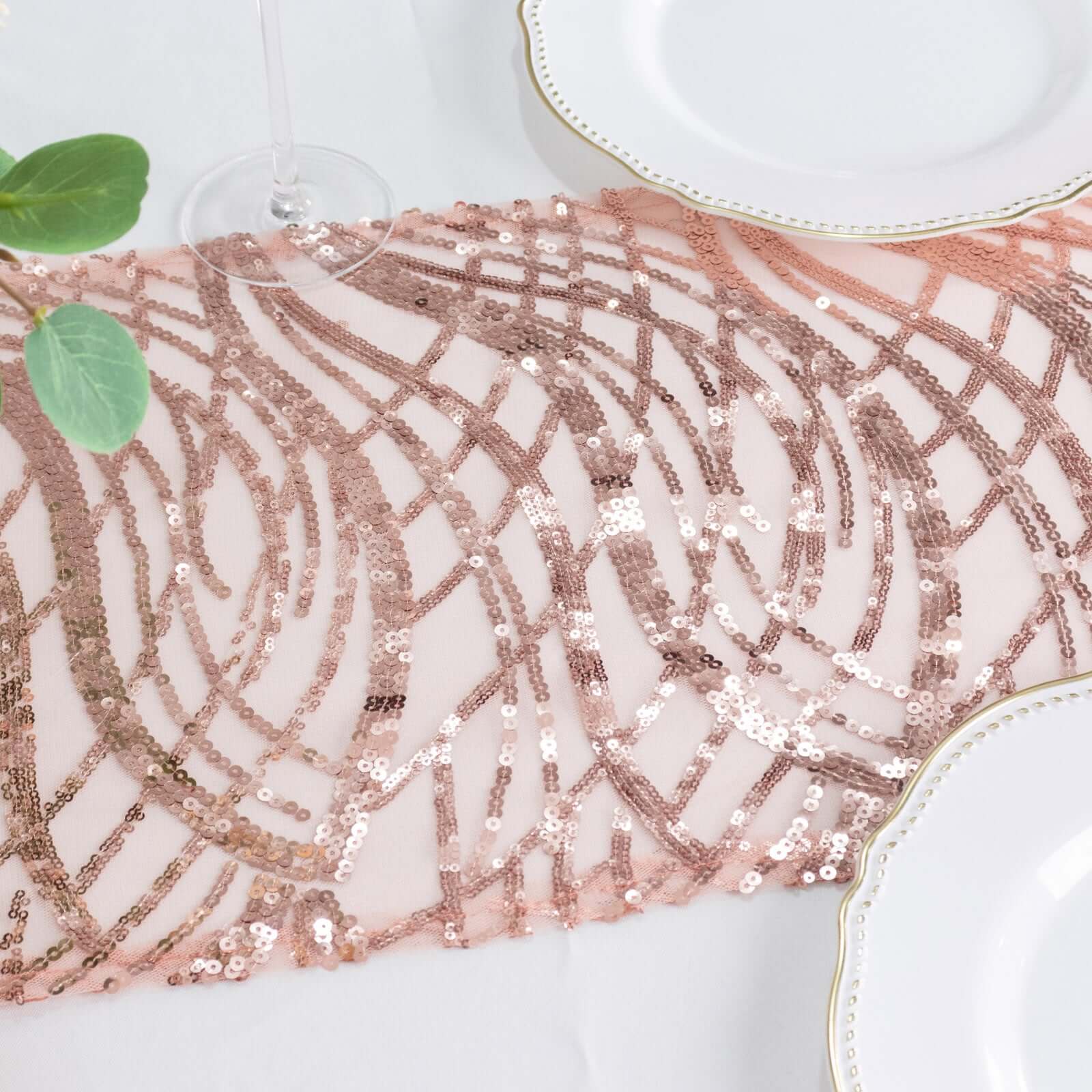 Sequin Mesh 12"x108" Table Runner Blush Stylish Wave Embroidery