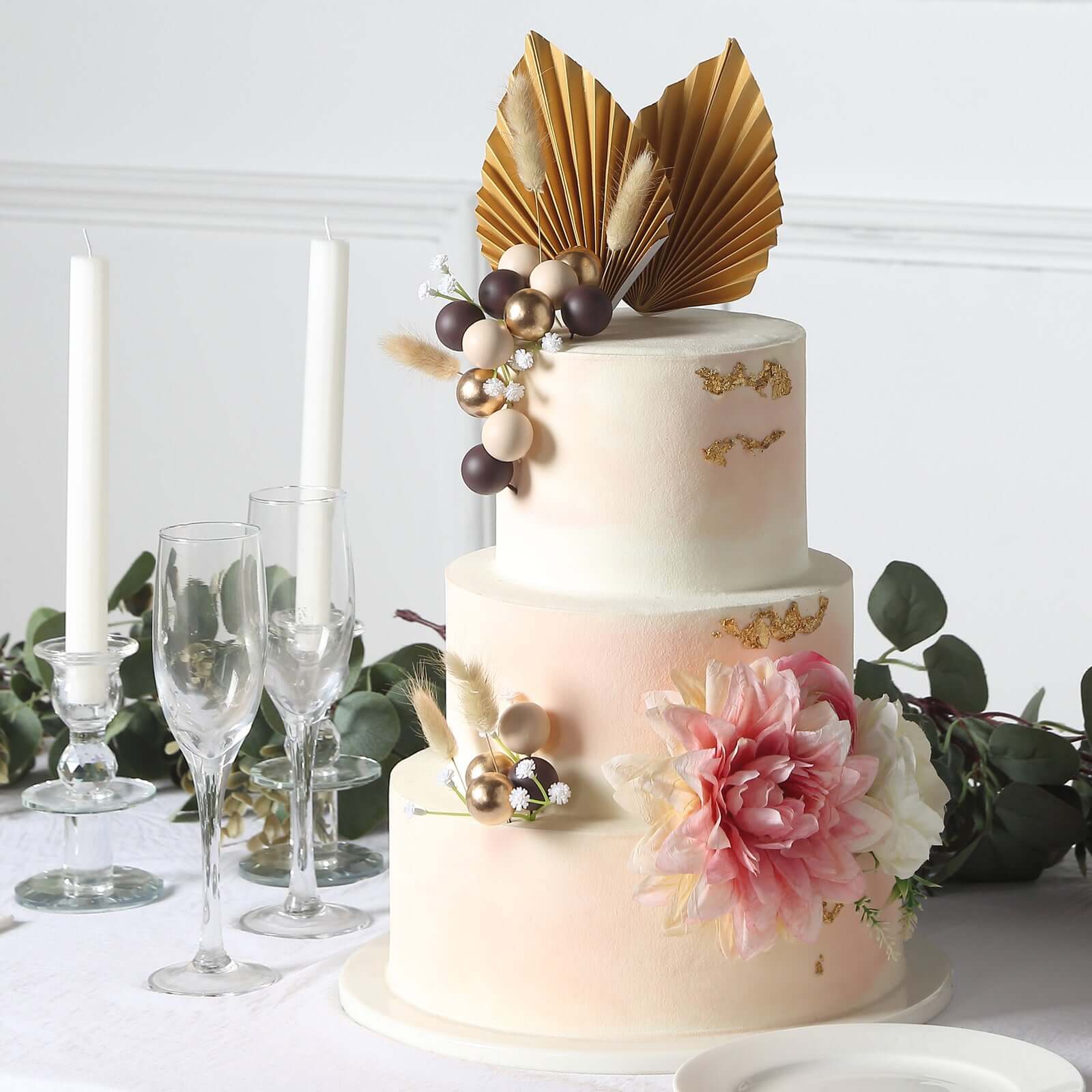 25-Pack Cake Toppers Gold Boho Style Palm Leaf and Flower Ball Design - Coffee Ball Cake Decoration Set Assorted