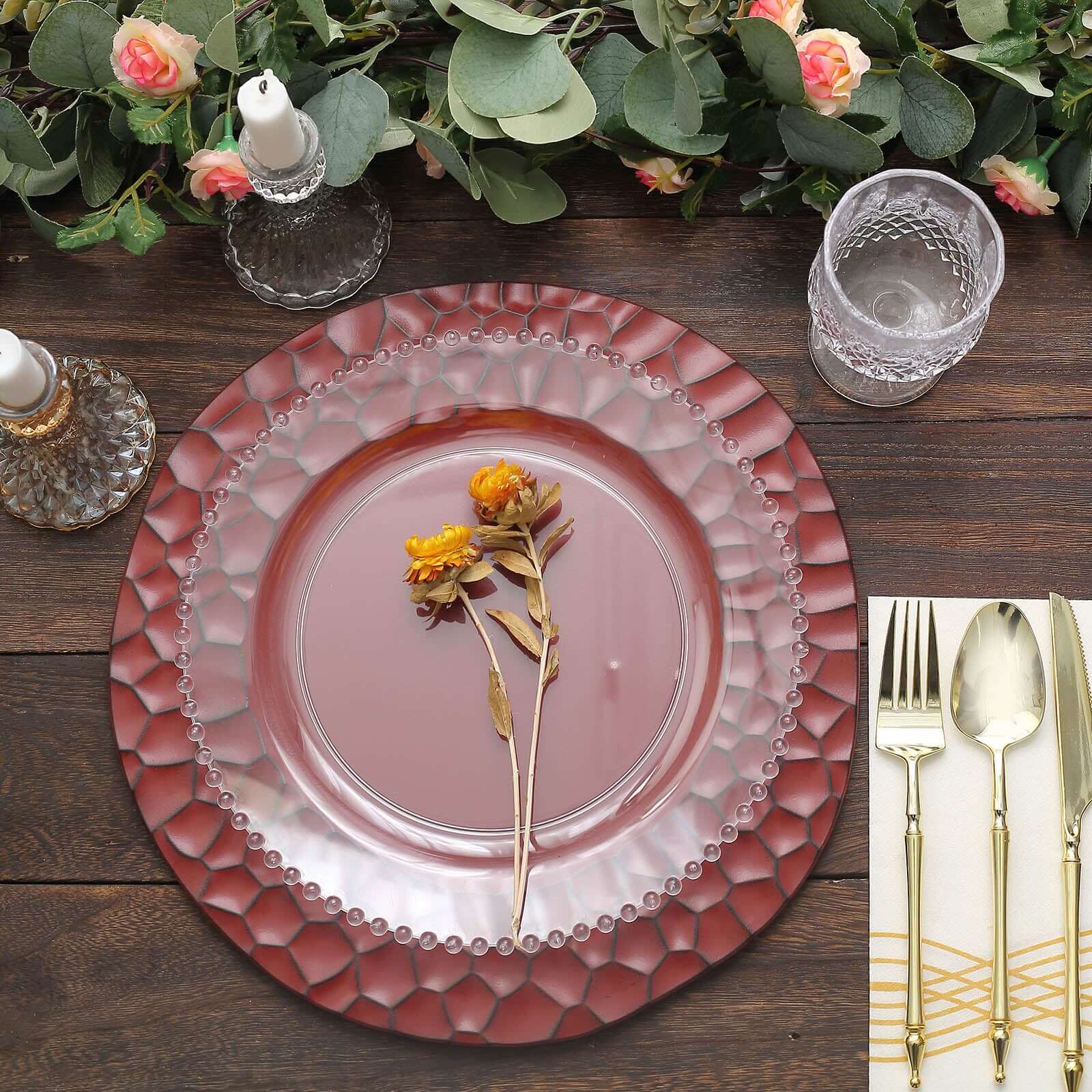 6-Pack Round Charger Plates 13" in Burgundy with Hammered Rim, Matte Finish Modern Dinner Charger Tableware