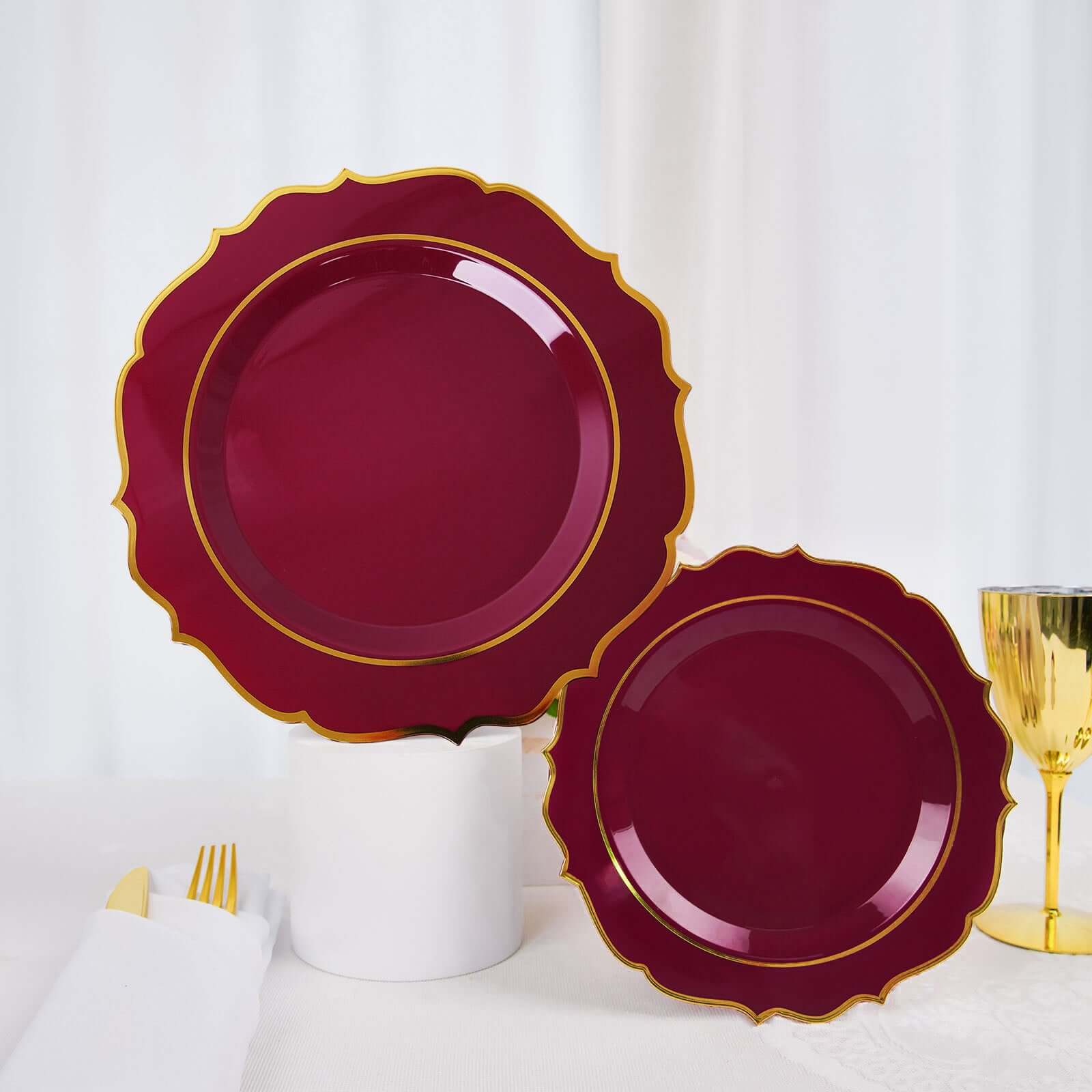 10-Pack Plastic 10" Round Dinner Plates in Burgundy with Gold Scalloped Rim - Disposable Party Plates
