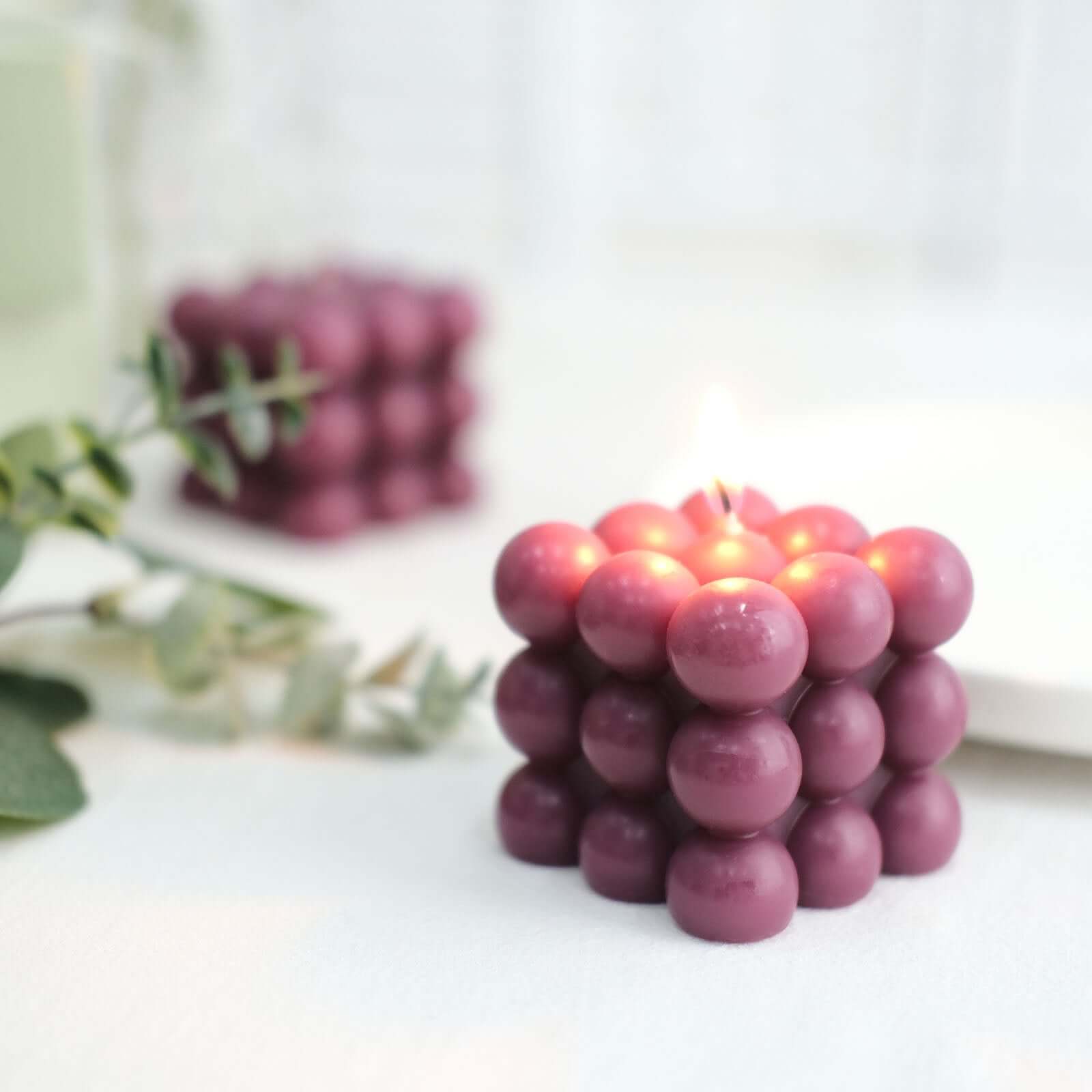 2-Pack Decorative Paraffin Wax Candles Bubble Cube Design Burgundy - Unscented Long Burning Pillar Candle Set 2"