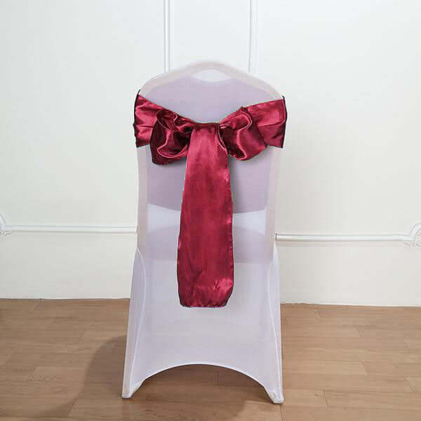 5 Pack Satin Chair Sashes Burgundy - Durable Chair Bows with Shiny Finish 6"x106"