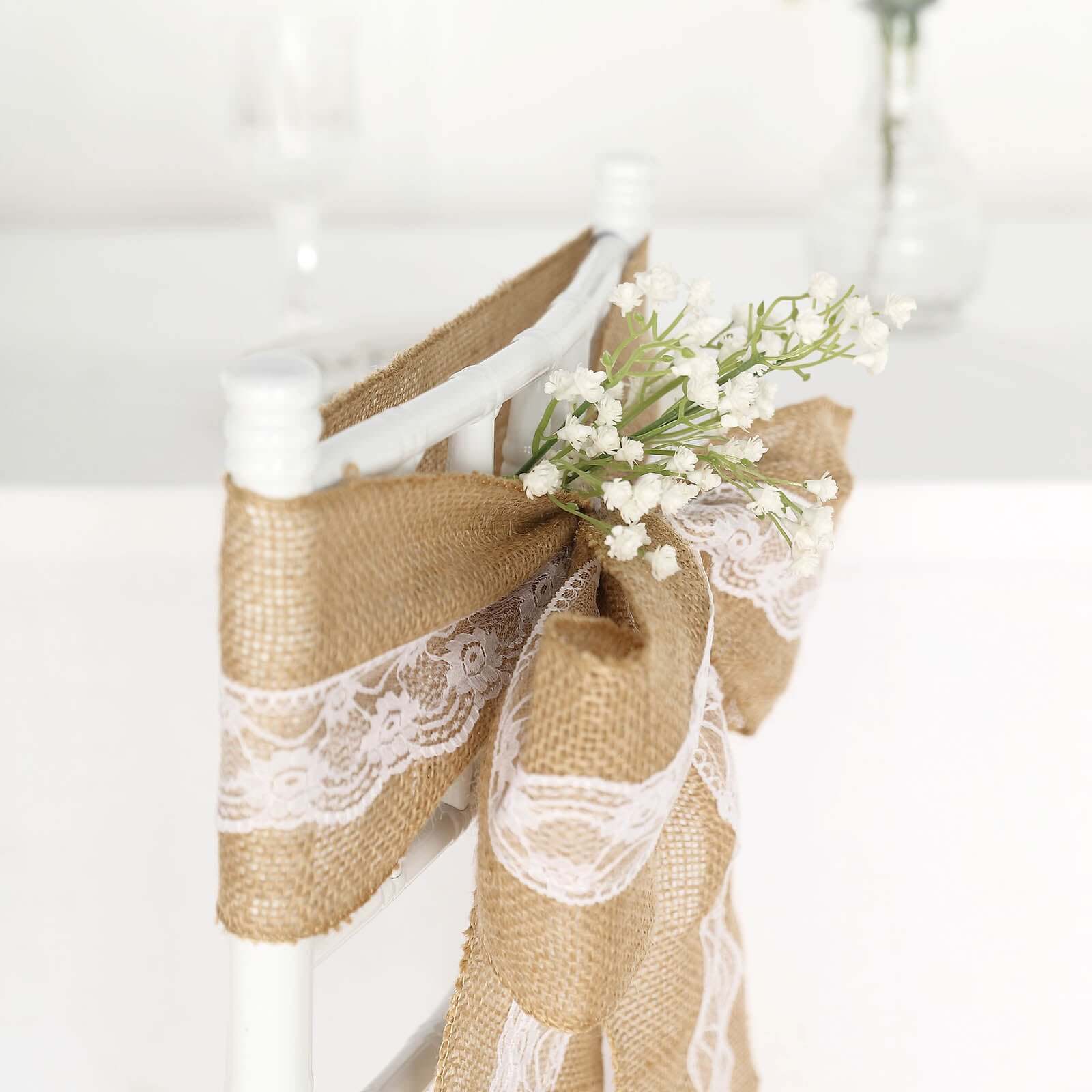 Natural Burlap Chair Sash 5"x108" with Lace Hessian Jute - Rustic Bow Design for Weddings & Gatherings