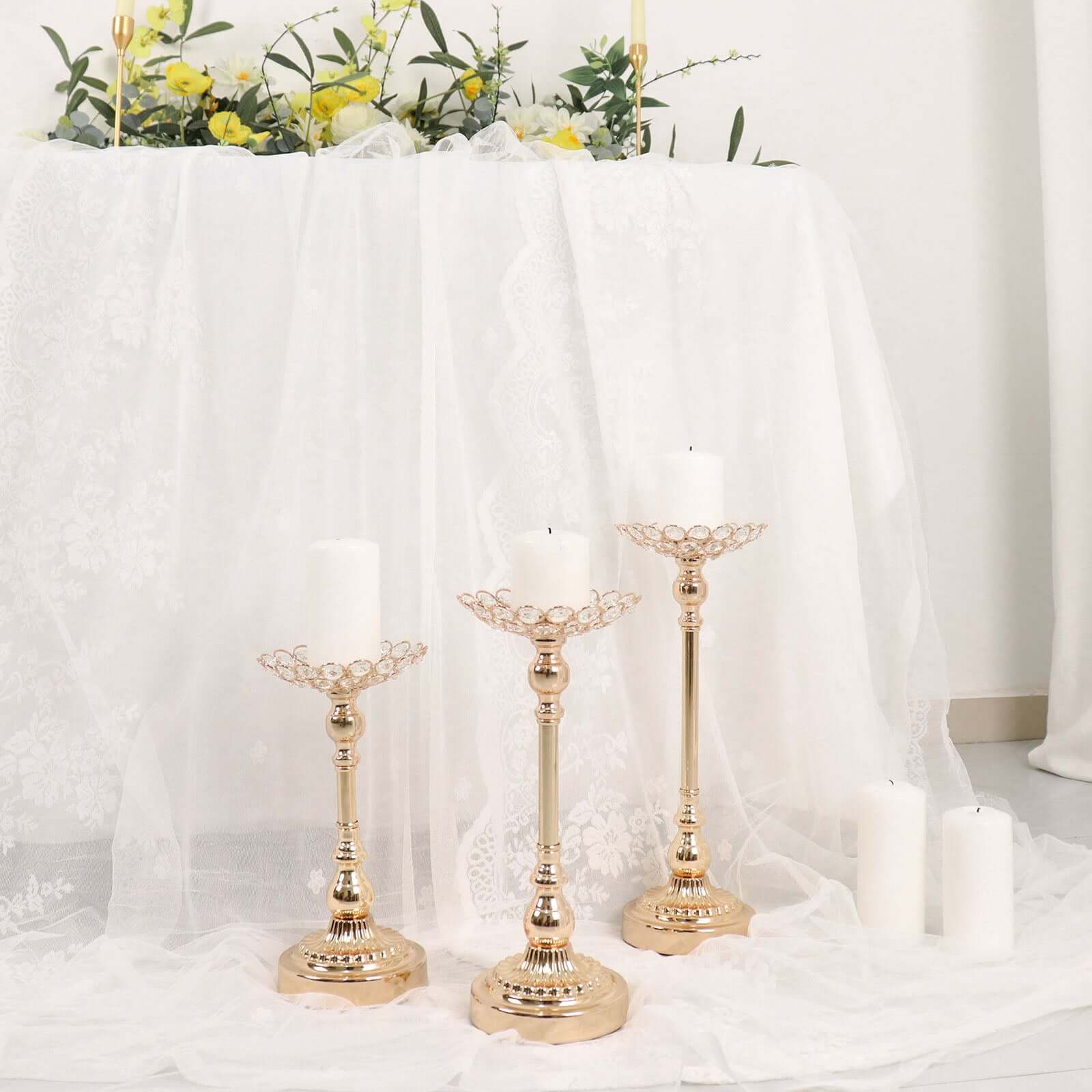 Set of 3 Metal Votive Candle Holders Crystal Beaded Design Gold - Tea Light Centerpieces 11", 13", 15"