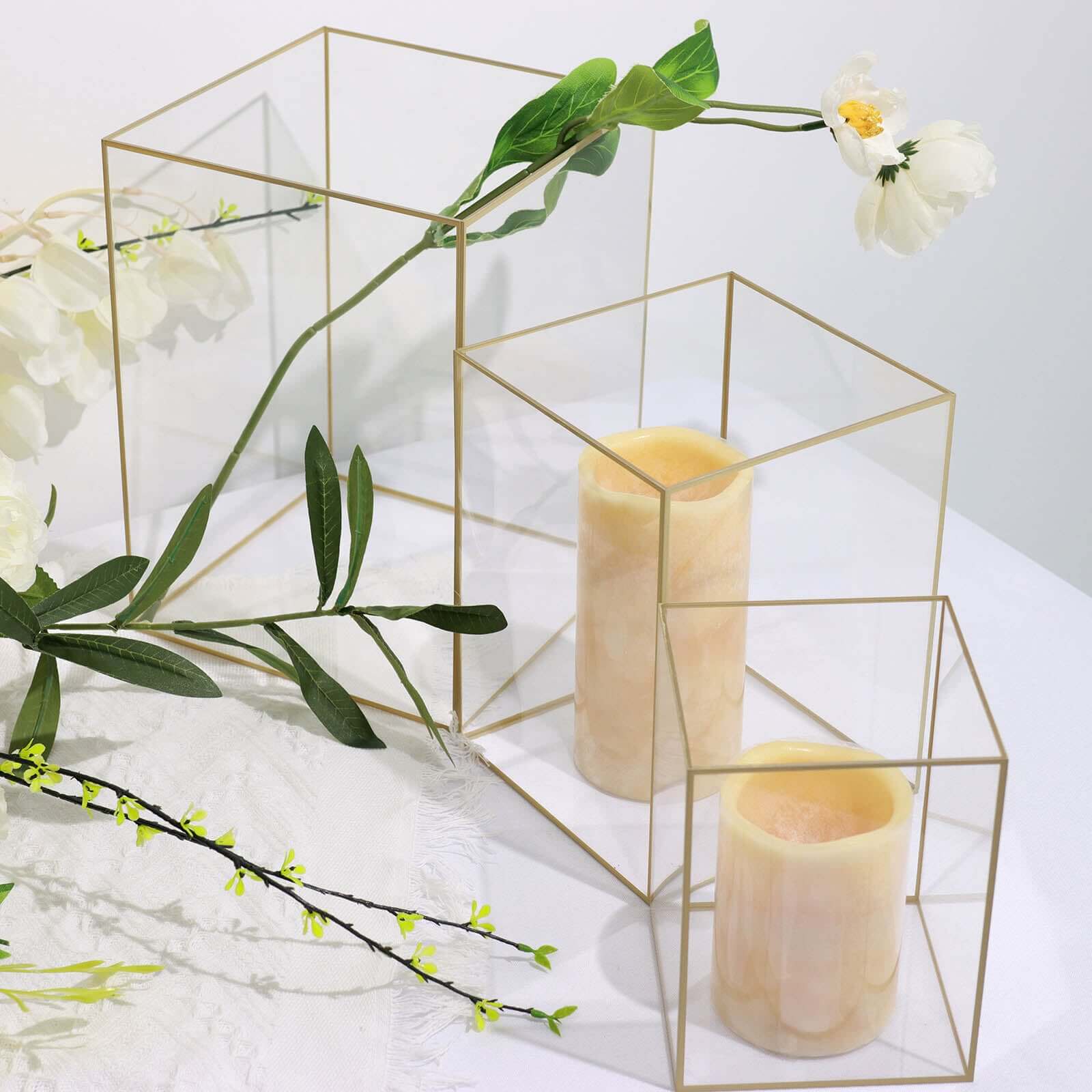 Set of 3 Candle Holders Acrylic Flower Display Boxes with Gold Rims Clear - Decorative Pillar Centerpieces 6", 8", 10"
