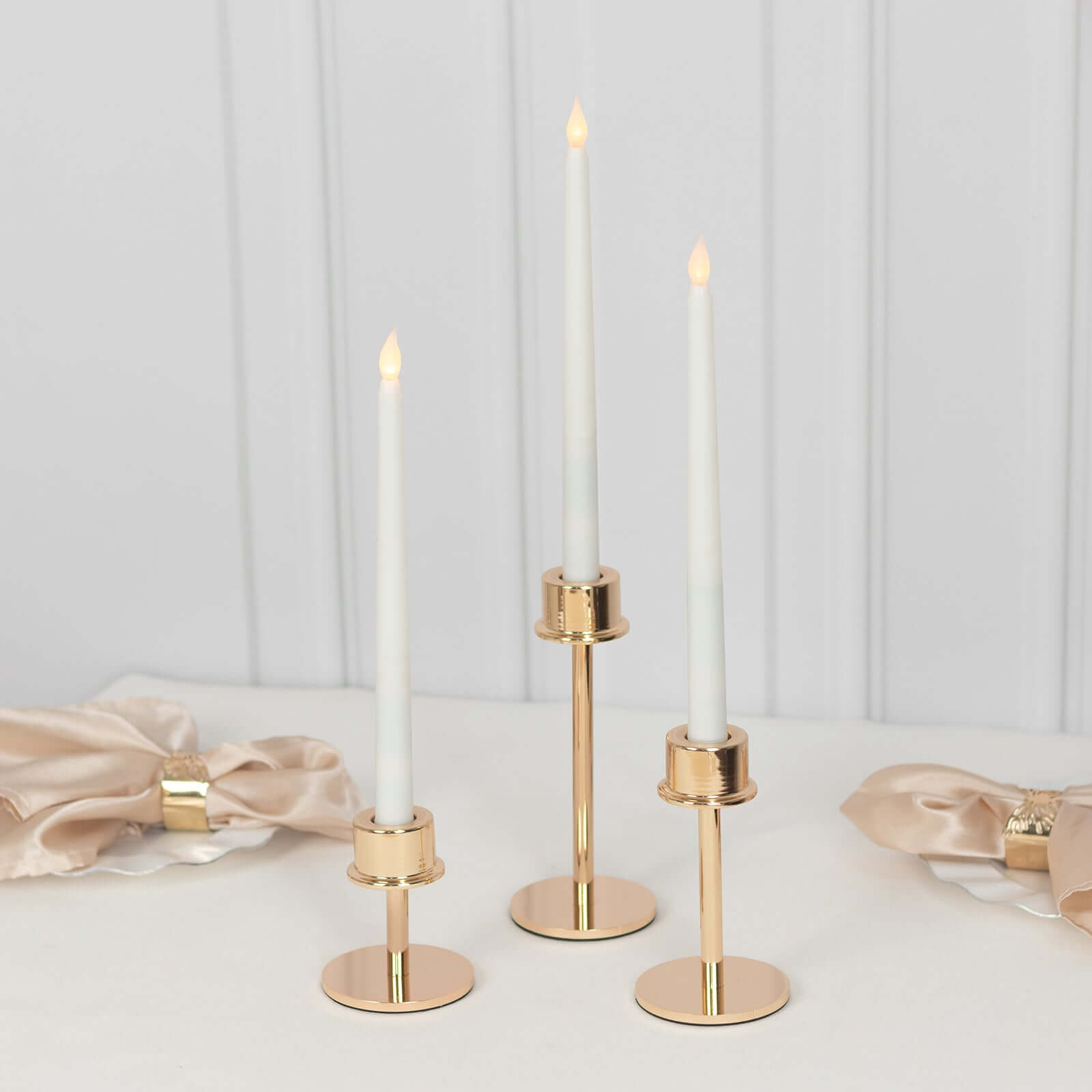 Set of 3 Metal Taper Candlestick Holders Gold with Round Base - Hurricane Candle Stands 3.5", 5.5", 8"