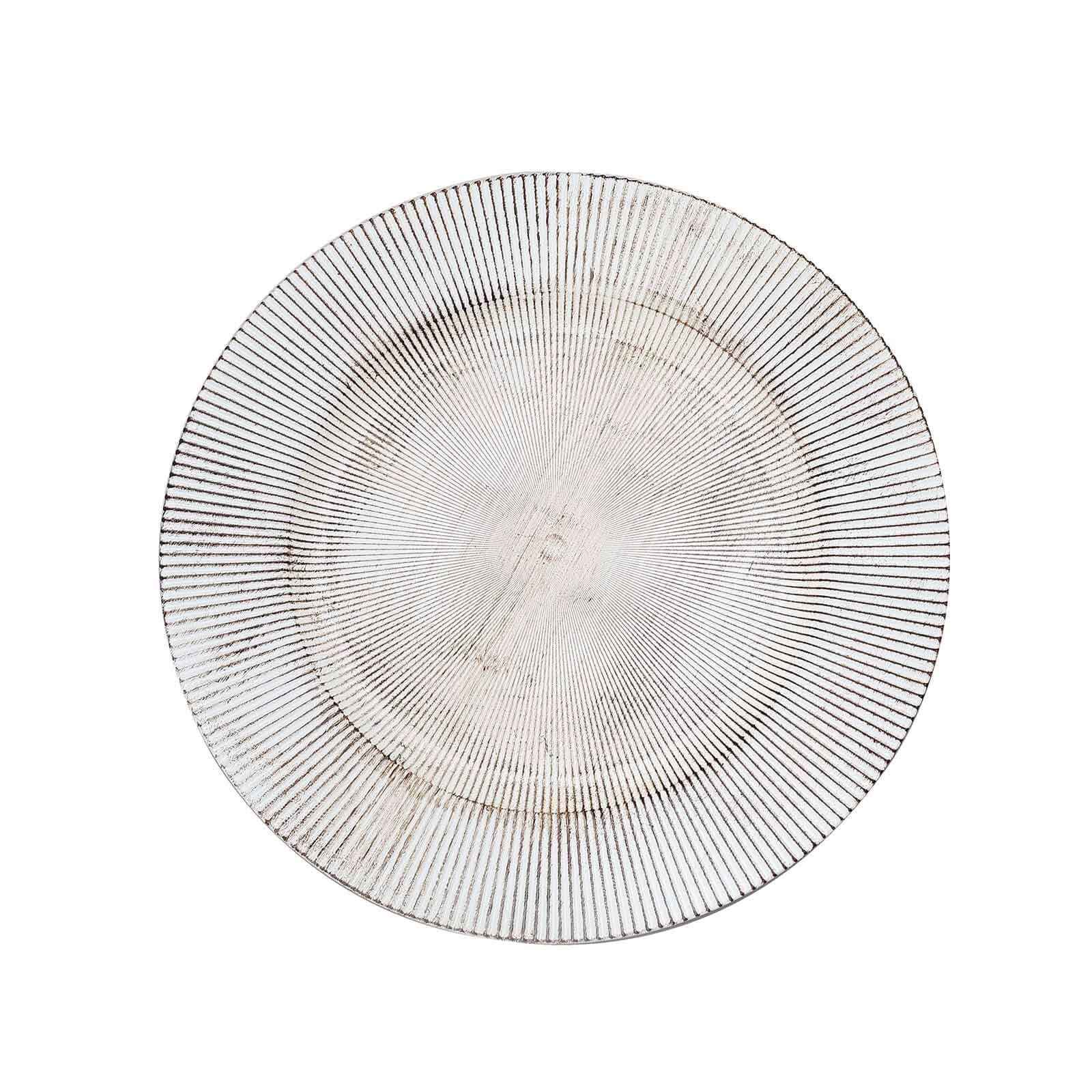6-Pack Faux Wood Round Charger Plates 13" White Washed with Embossed Sunray Pattern, Chic Plastic Decorative Chargers