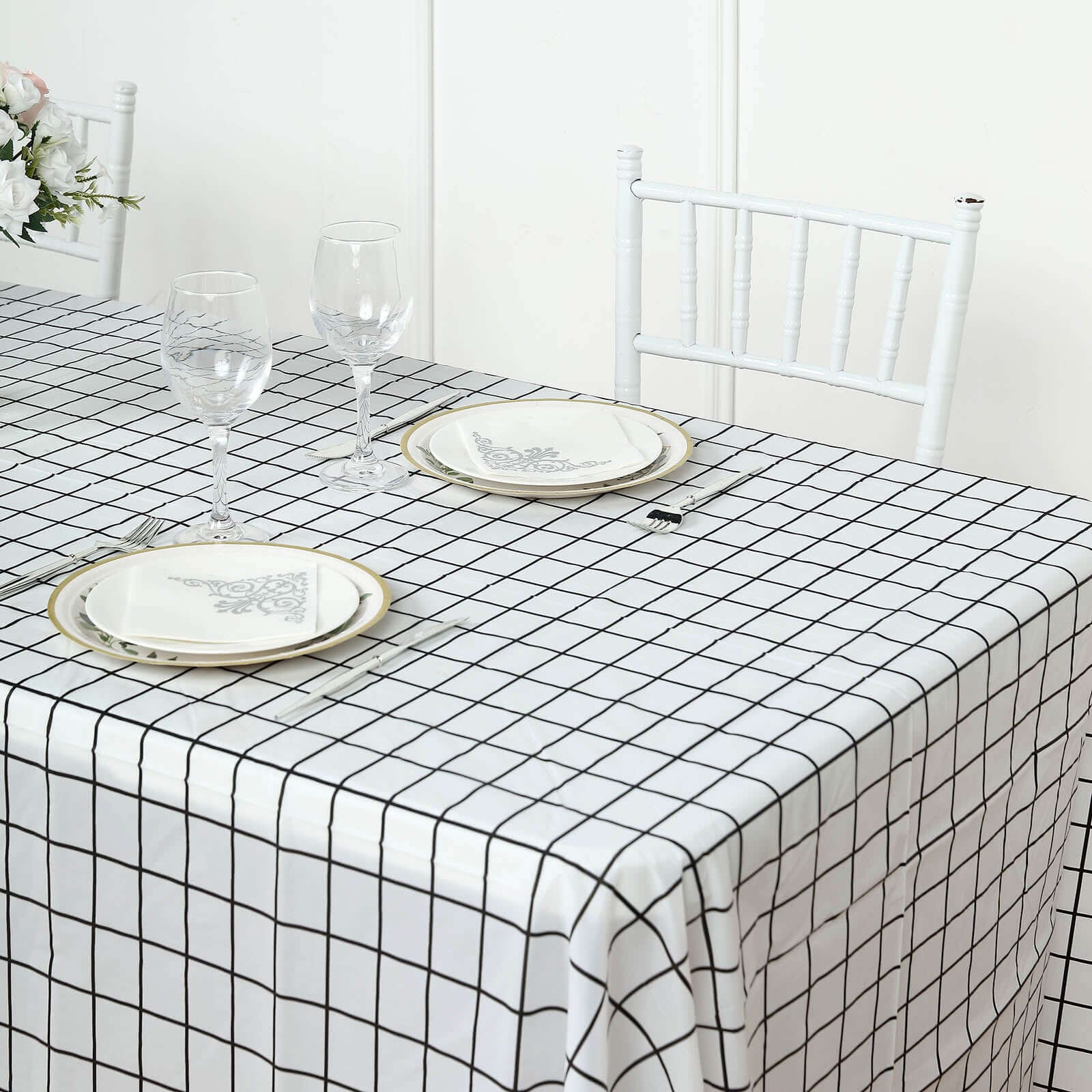5-Pack Plastic Table Covers Black/White Grid Rectangle - Durable Checkered PVC Disposable Tablecloths 54"x108"