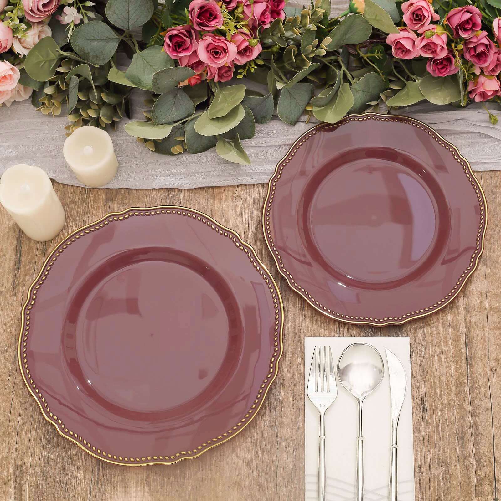 10-Pack Plastic Dinner Plates in Cinnamon Rose with Gold Scalloped Rim - Disposable Party Plates 9"